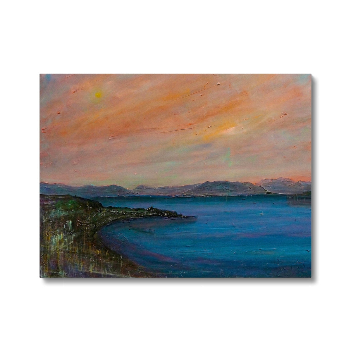Vibrant oil painting of sunset over water with distant mountains on Dusk Over Gourock Canvas