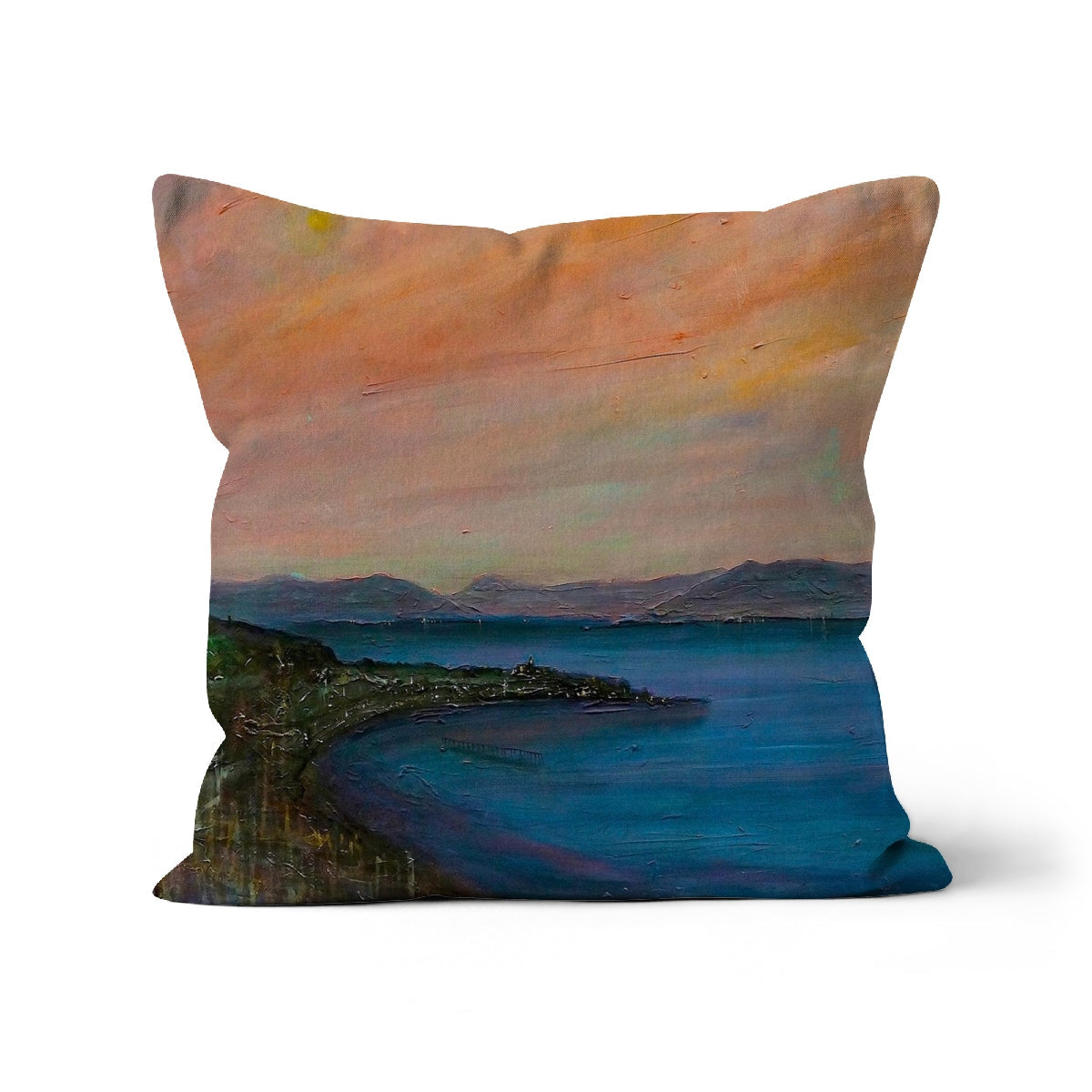 Decorative pillow featuring a painted coastal landscape design named Dusk Over Gourock Cushion