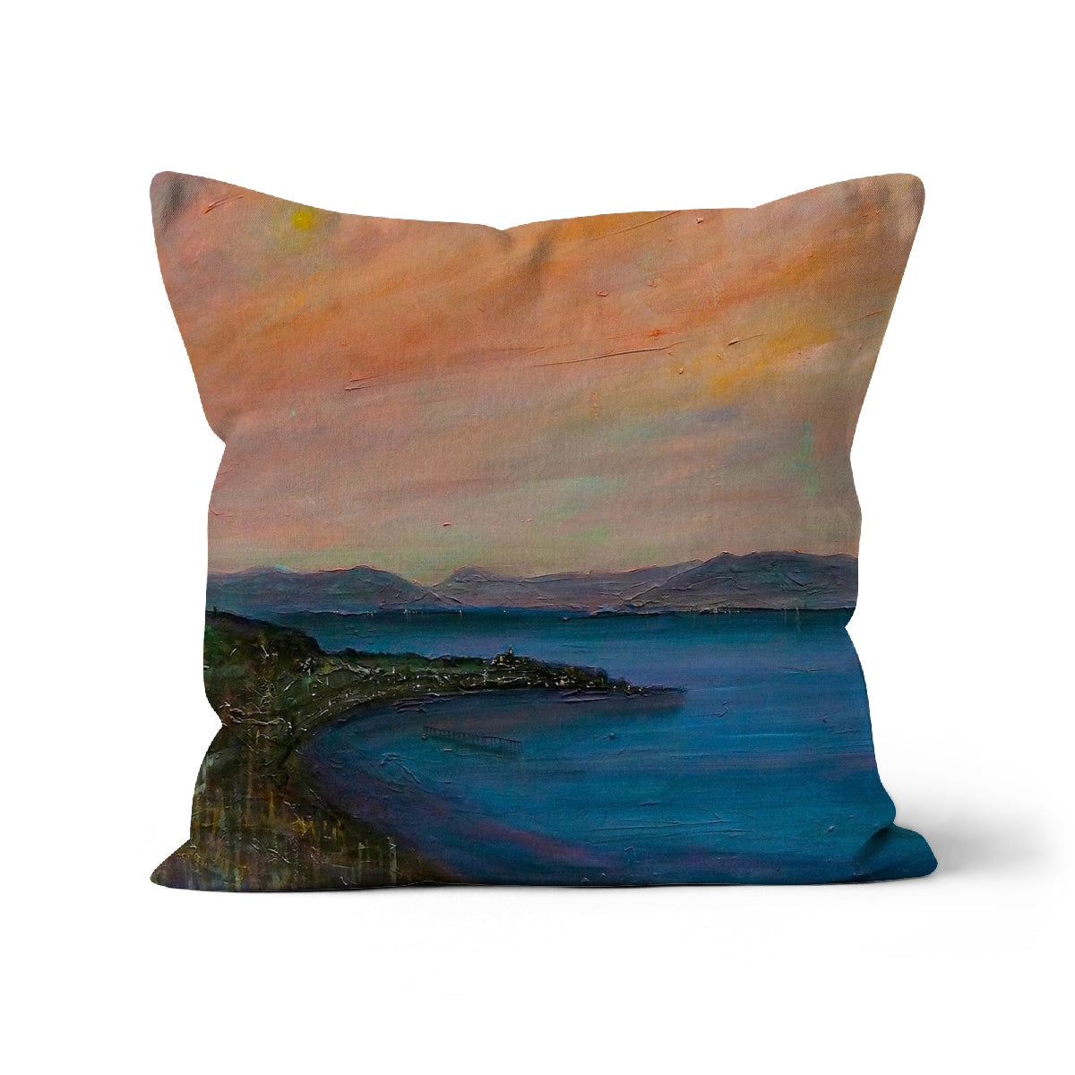 Dusk Over Gourock Cushion throw pillow with painted landscape of water and mountains