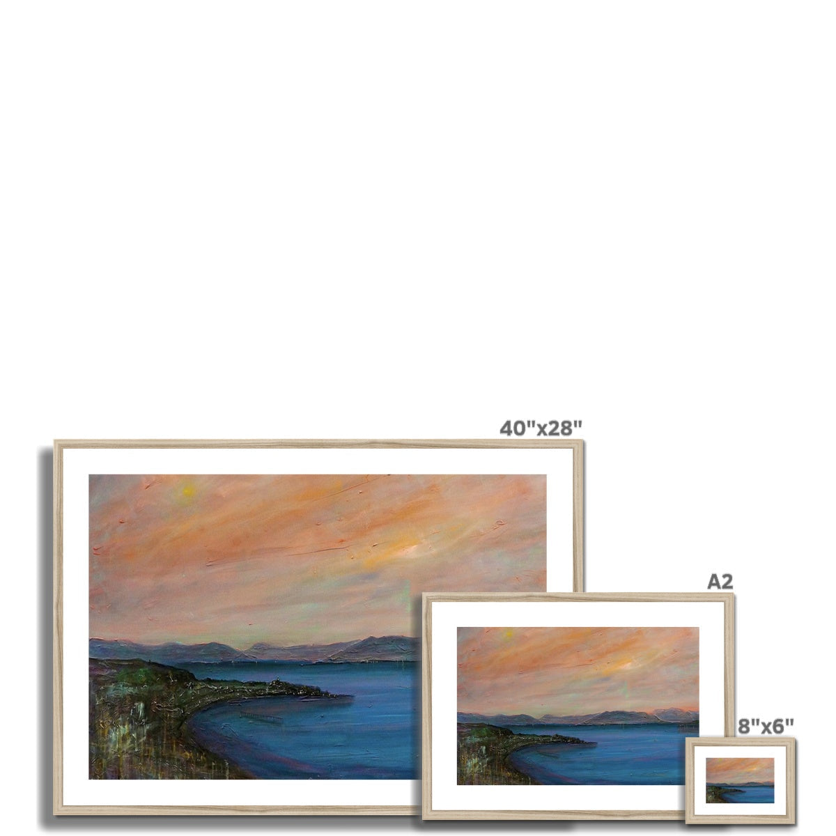 Three framed landscape prints of a tranquil bay at sunset in the Dusk Over Gourock product