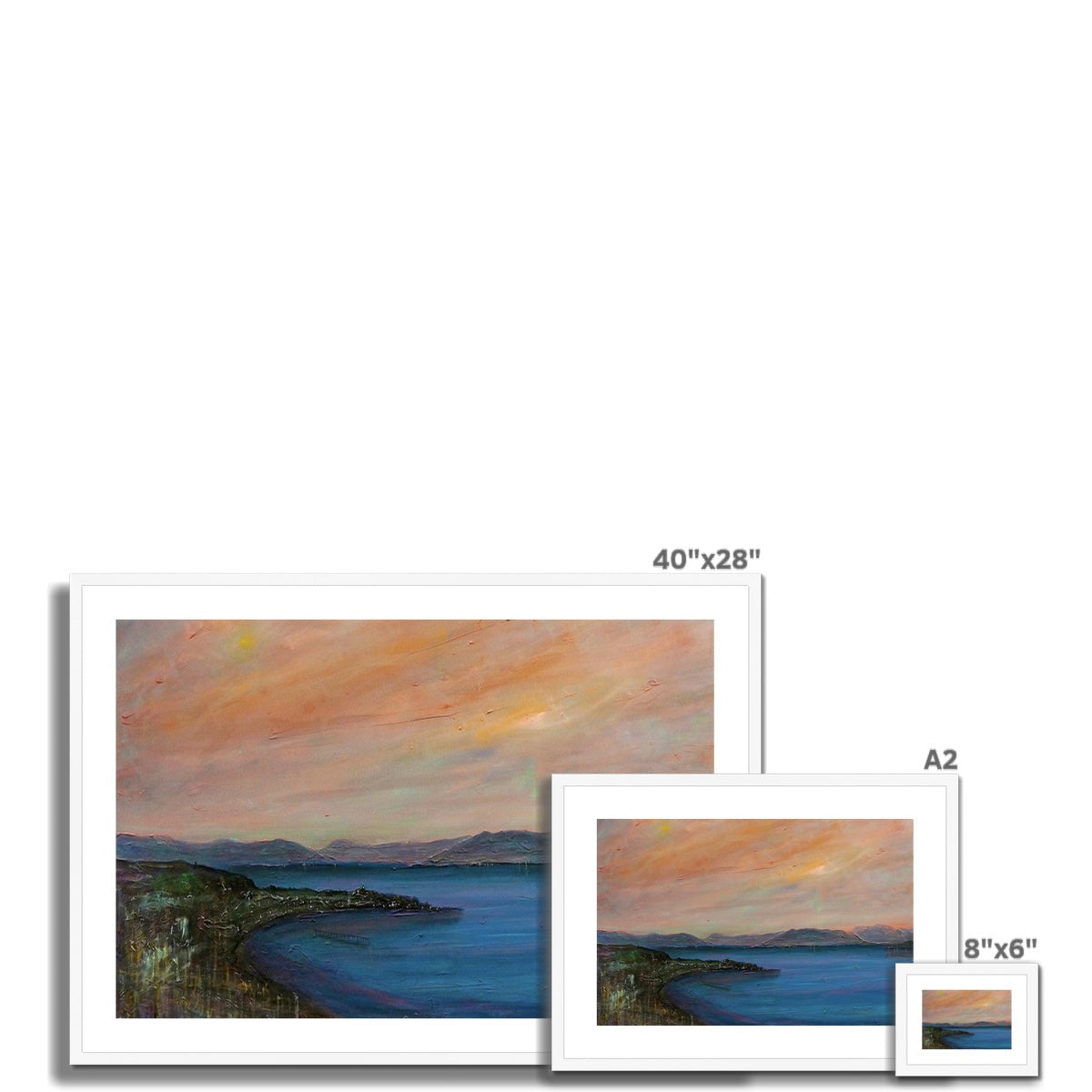 Three framed landscape paintings of varying sizes displayed with Dusk Over Gourock print