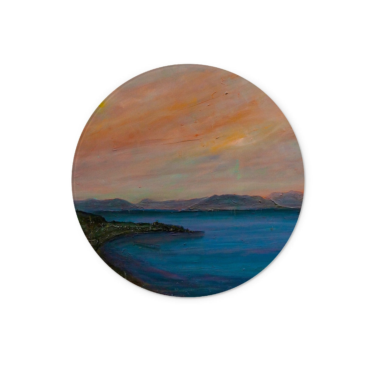Dusk Over Gourock Glass Chopping Board with colorful sunset over water and mountains