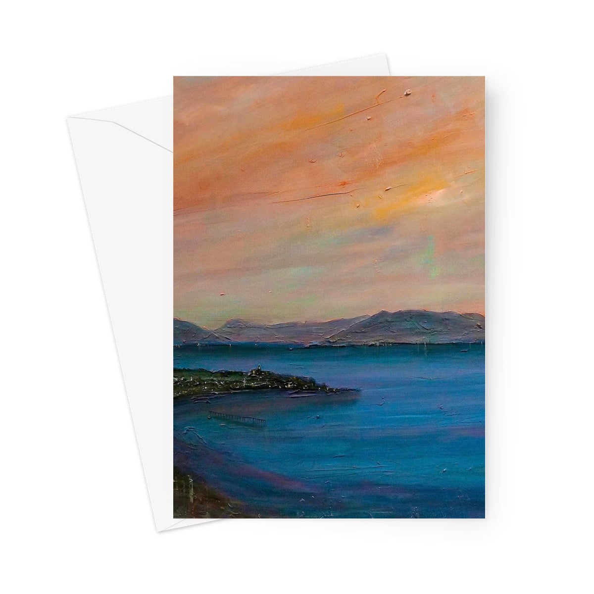 Dusk Over Gourock Greeting Card featuring an impressionistic sunset over tranquil bay
