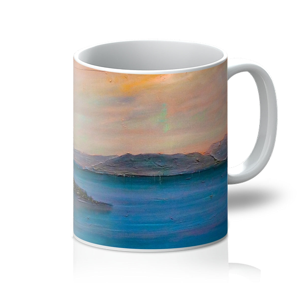 Dusk Over Gourock Mug featuring an abstract landscape with water mountains and colorful sky