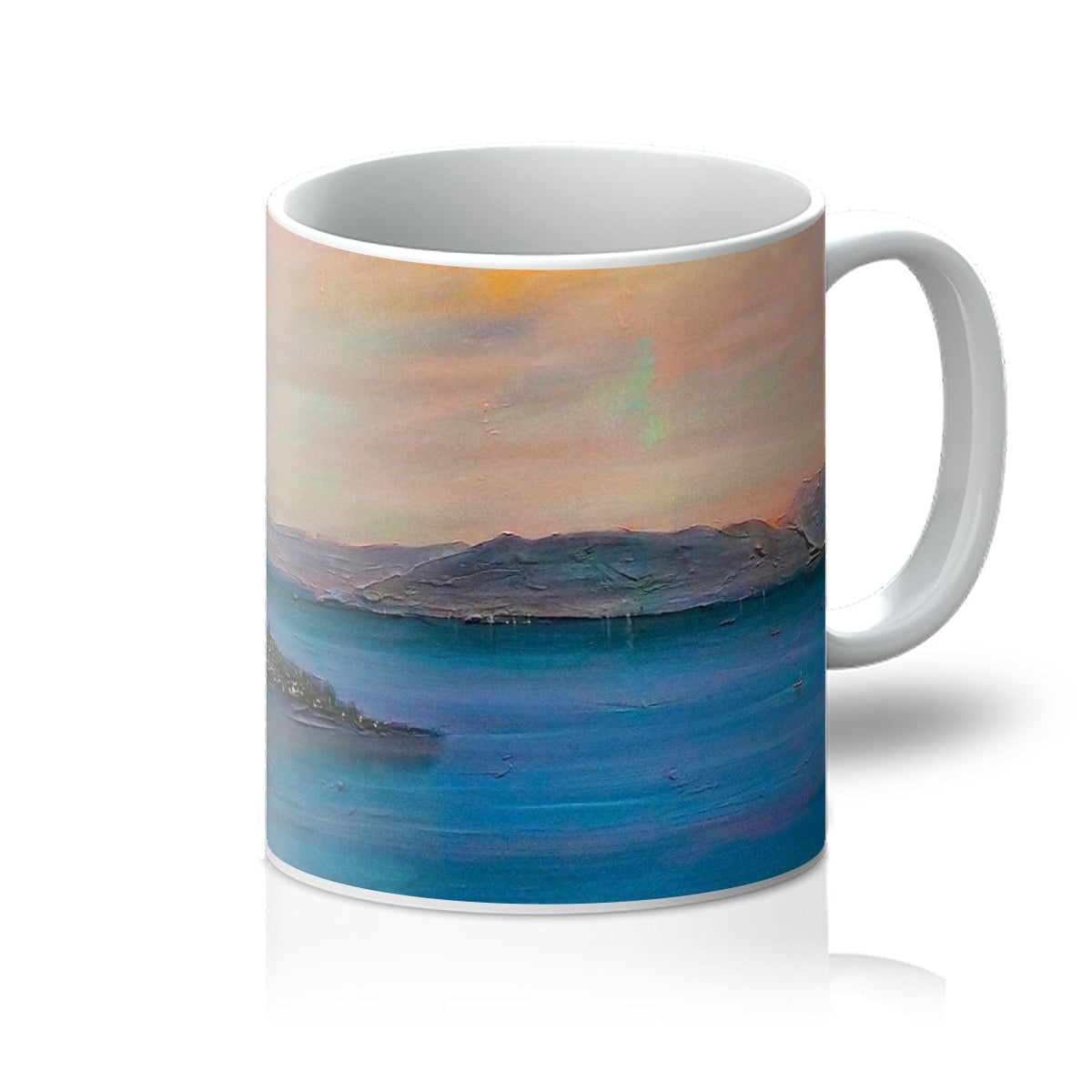White ceramic Dusk Over Gourock Mug featuring an abstract landscape of a lake and mountains under a colorful sky