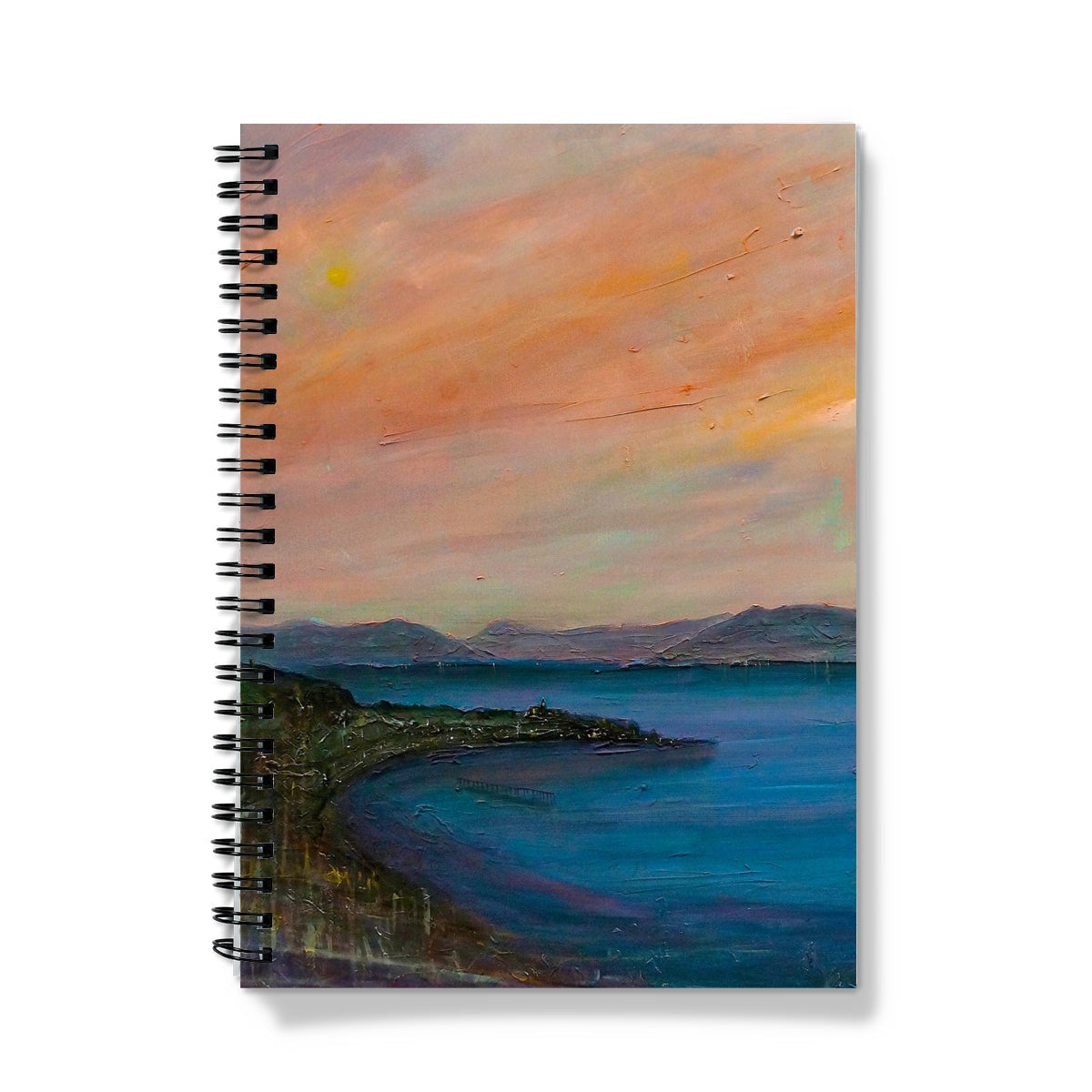 Spiral-bound Dusk Over Gourock Notebook with impressionistic coastal landscape cover