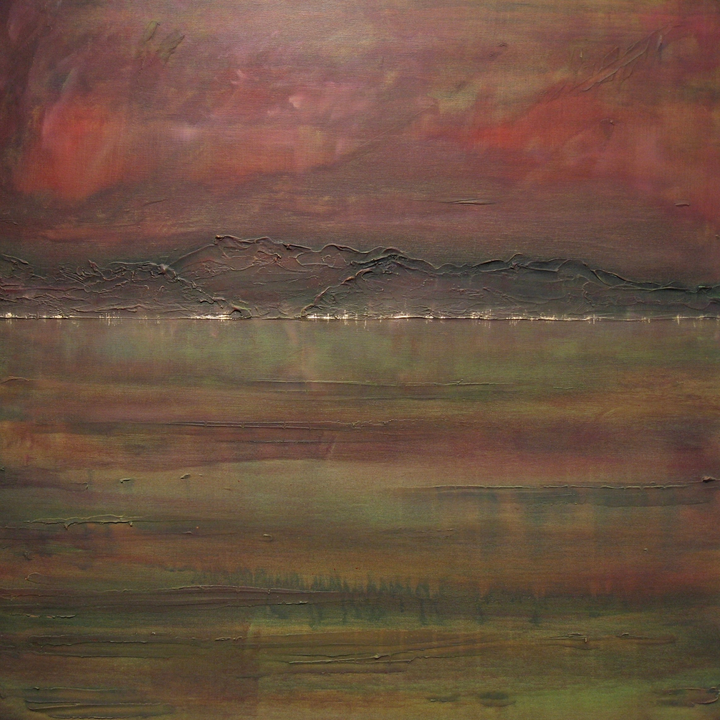 Abstract Scottish landscape painting of mountains under a reddish sky with reflective water