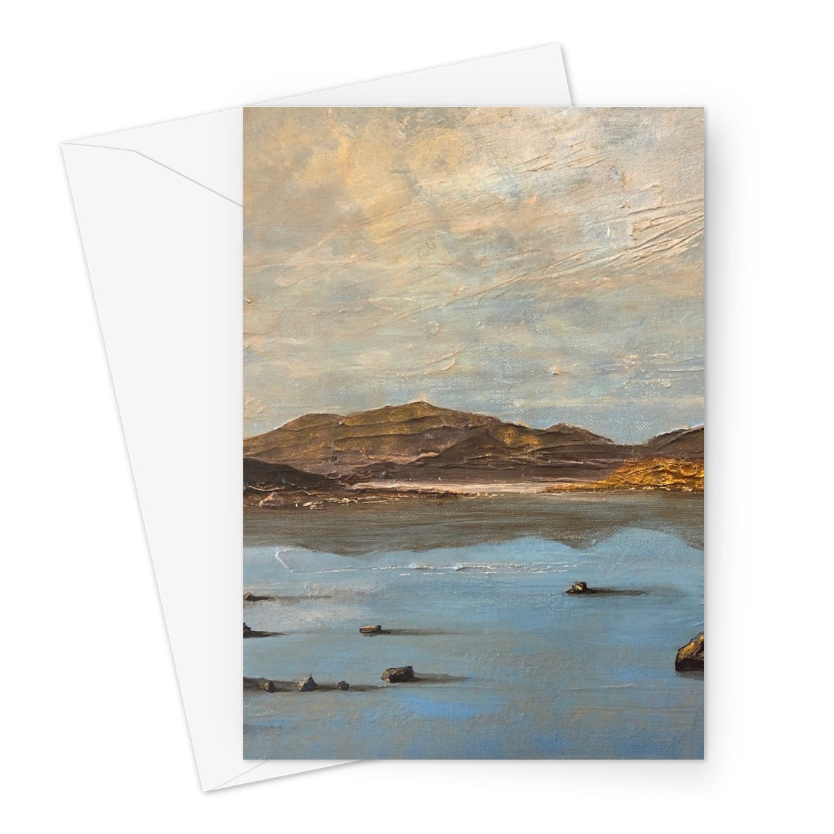 Serene Loch Druidibeg beach greeting card in muted earth tones and soft blues