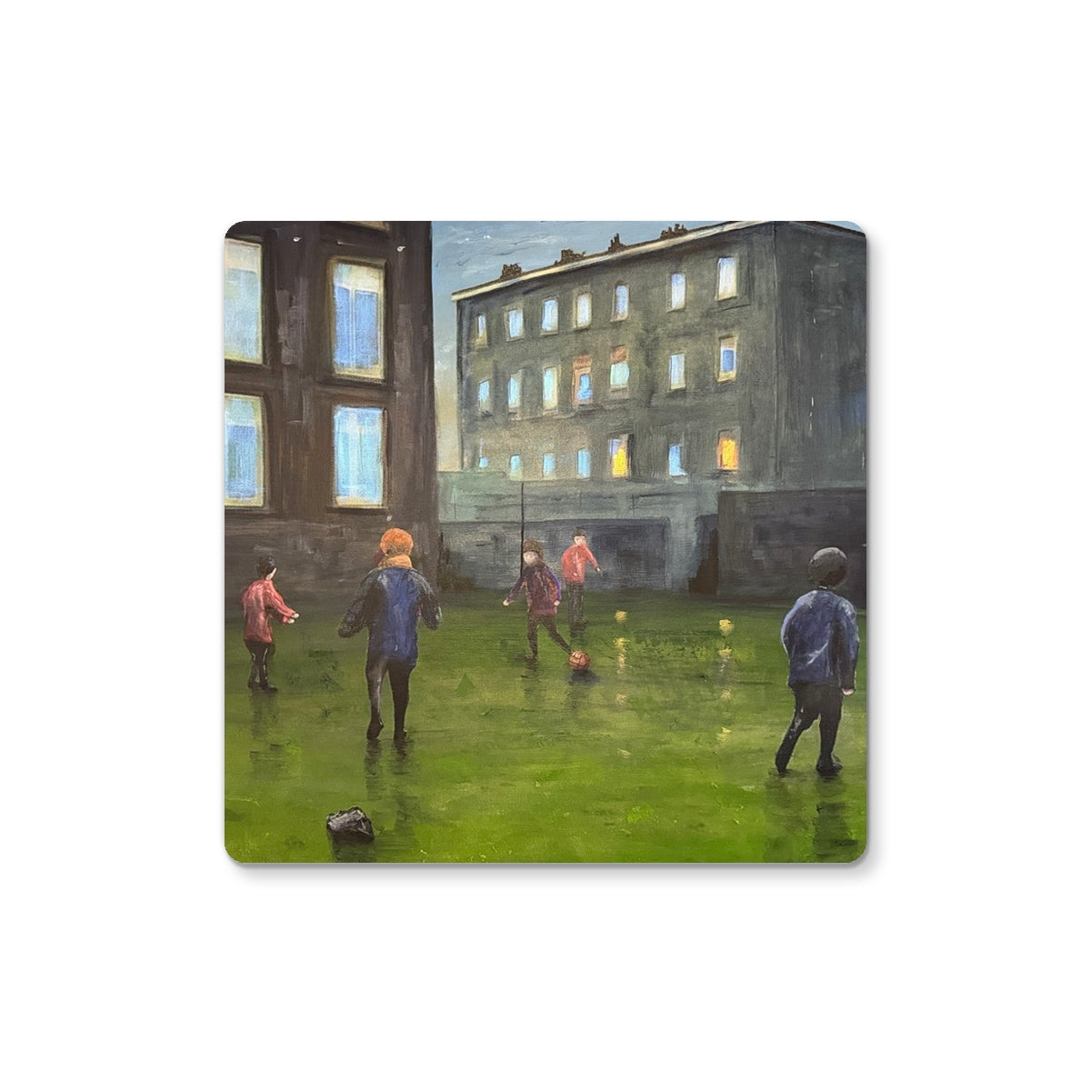Time Coaster green grass soccer field with building background design