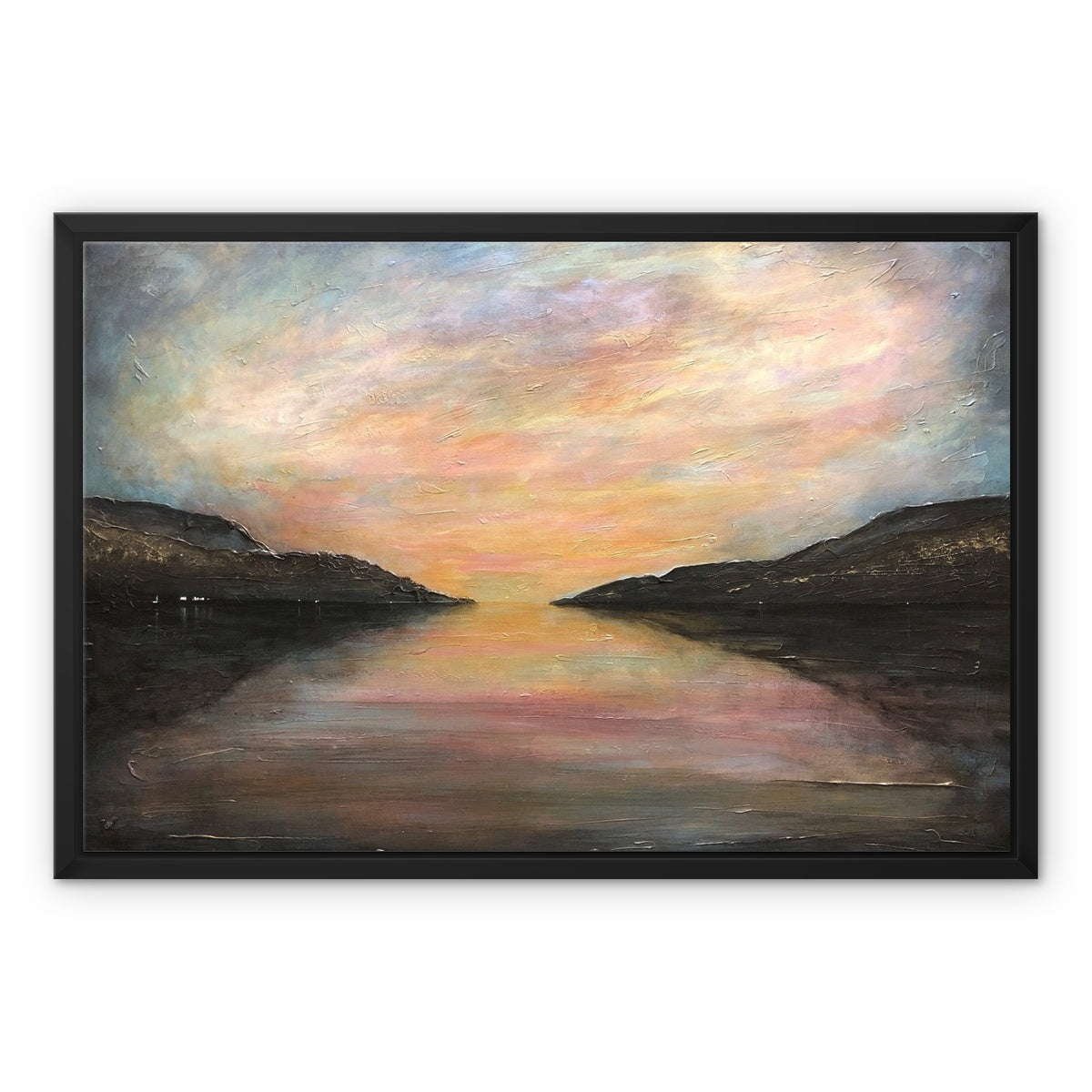 Loch Ness Glow Painting | Framed Canvas-Floating Framed Canvas Prints-Scottish Lochs & Mountains Art Gallery-24"x18"-Black Frame-Paintings, Prints, Homeware, Art Gifts From Scotland By Scottish Artist Kevin Hunter