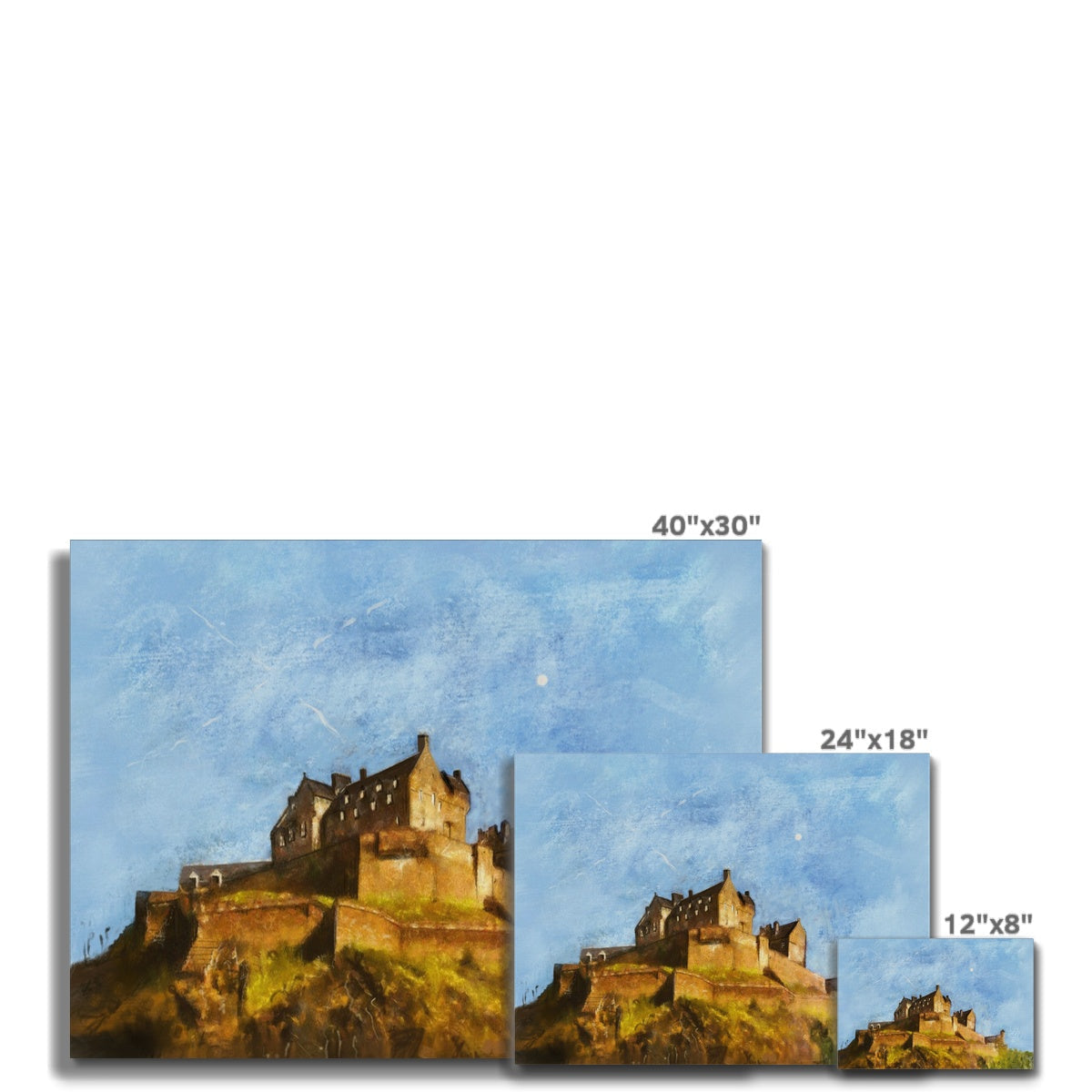 40x30 inch Edinburgh Castle canvas print with blue sky and golden tones