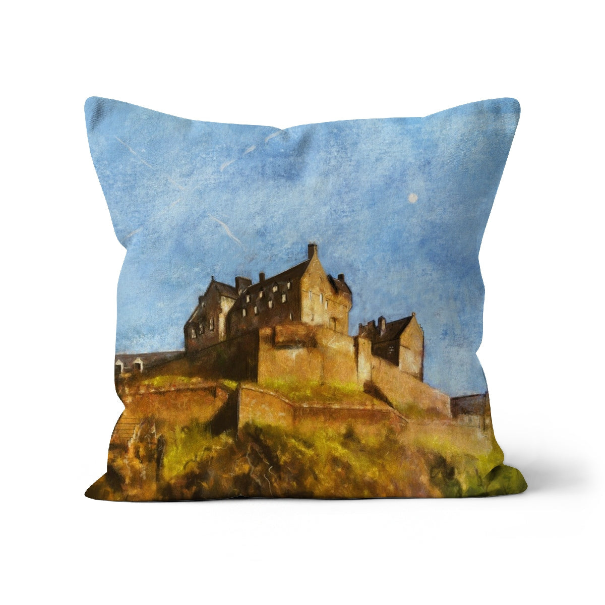 Royal blue Edinburgh Castle cushion with textured design and yellow accents