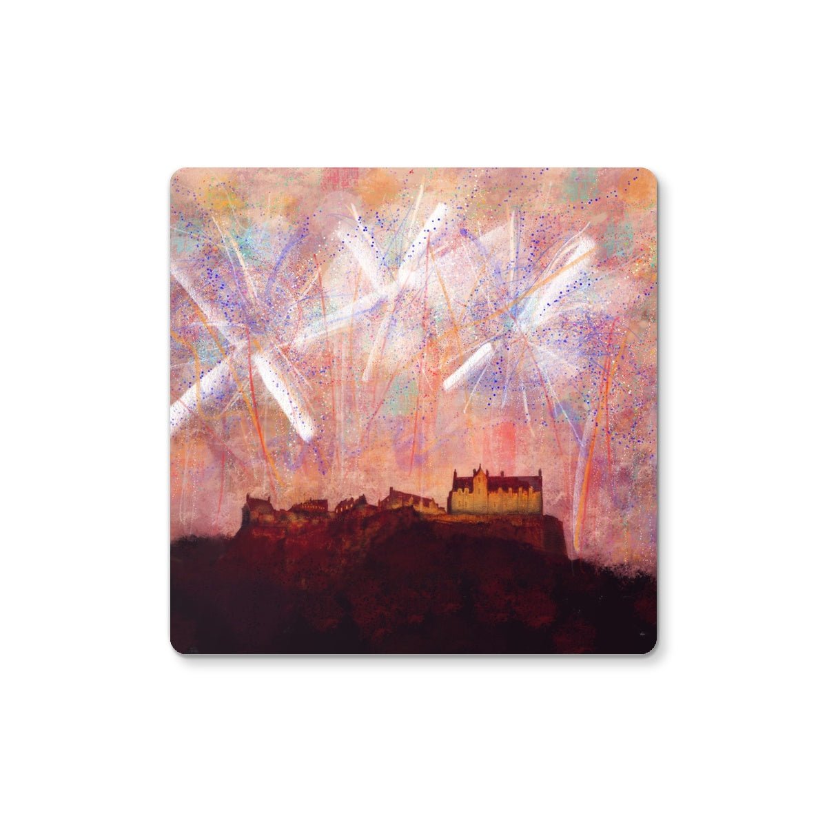 Edinburgh Castle Fireworks Art Gifts Coaster-Coasters-Edinburgh & Glasgow Art Gallery-Single Coaster-Paintings, Prints, Homeware, Art Gifts From Scotland By Scottish Artist Kevin Hunter
