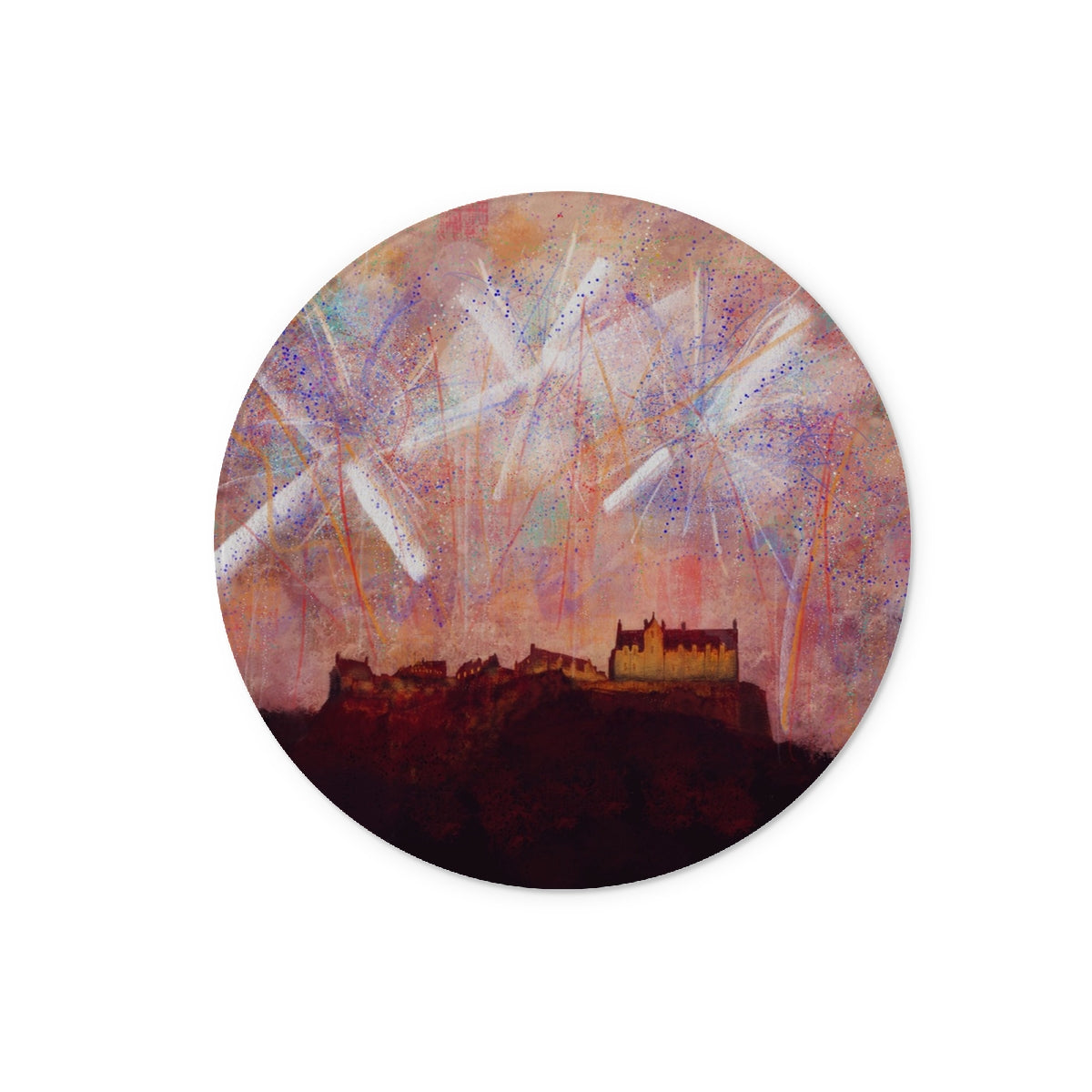 Edinburgh Castle Fireworks Art Gifts Glass Chopping Board-Glass Chopping Boards-Edinburgh & Glasgow Art Gallery-12" Round-Paintings, Prints, Homeware, Art Gifts From Scotland By Scottish Artist Kevin Hunter