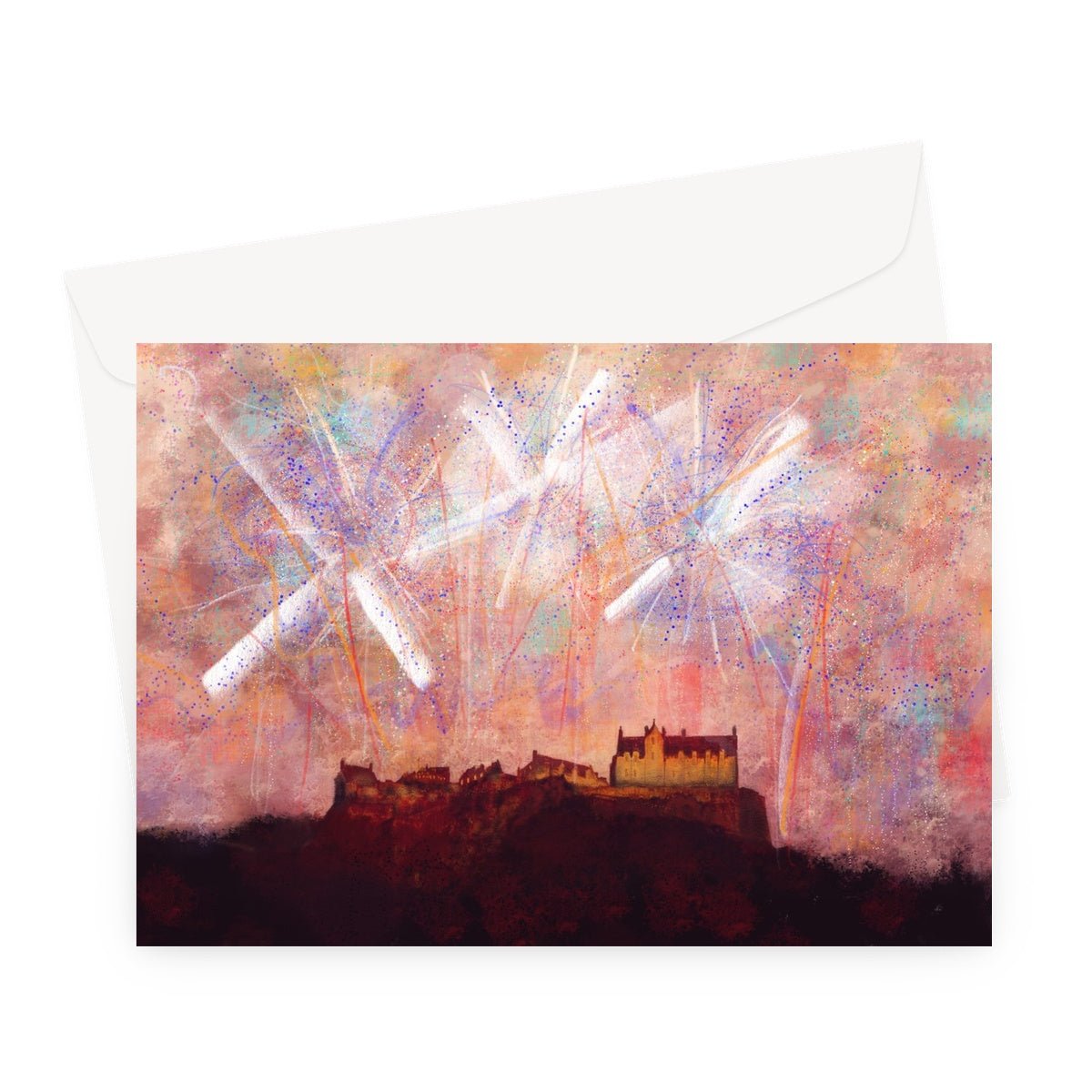 Edinburgh Castle Fireworks Art Gifts Greeting Card-Greetings Cards-Edinburgh & Glasgow Art Gallery-A5 Landscape-1 Card-Paintings, Prints, Homeware, Art Gifts From Scotland By Scottish Artist Kevin Hunter