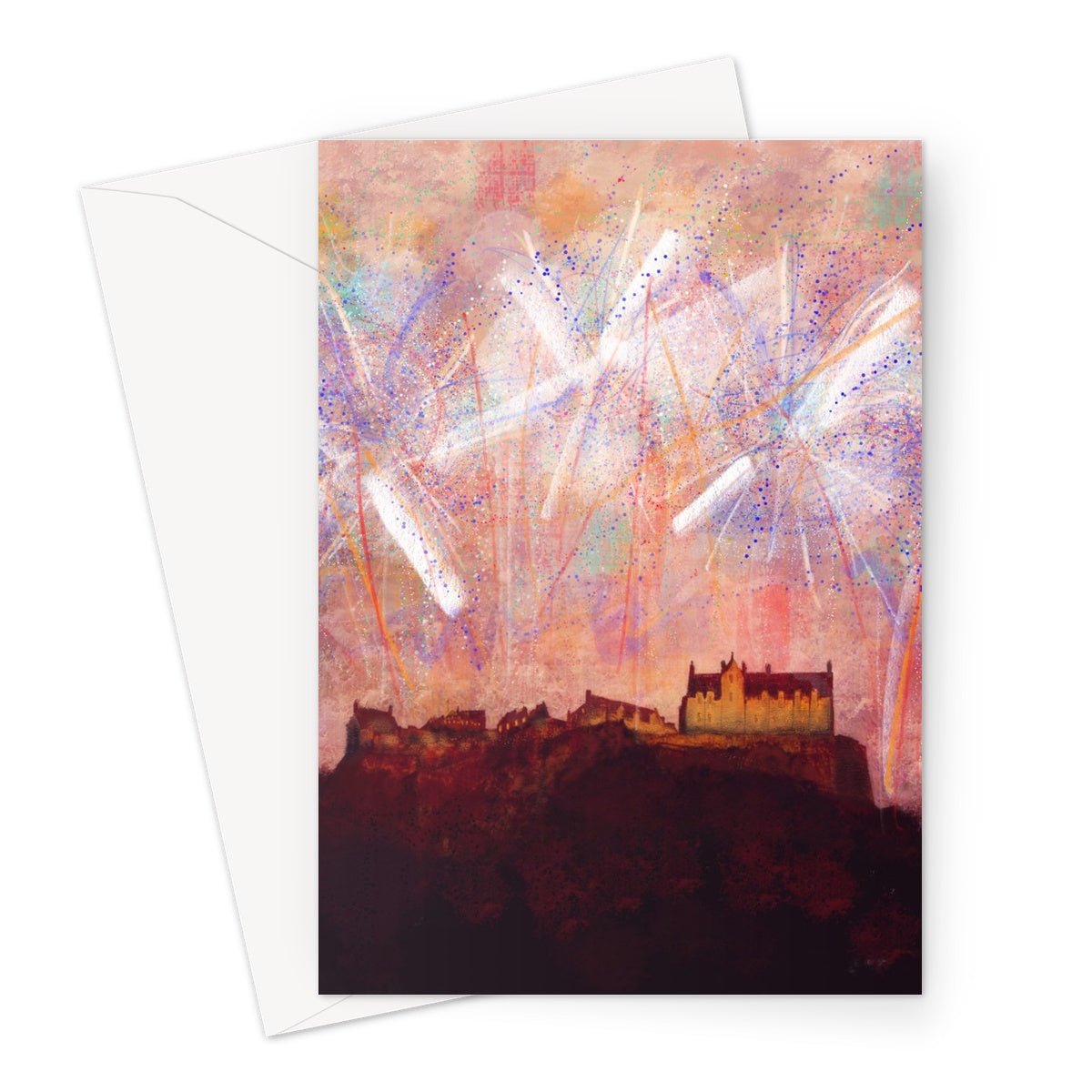 Edinburgh Castle Fireworks Art Gifts Greeting Card-Greetings Cards-Edinburgh & Glasgow Art Gallery-A5 Portrait-1 Card-Paintings, Prints, Homeware, Art Gifts From Scotland By Scottish Artist Kevin Hunter