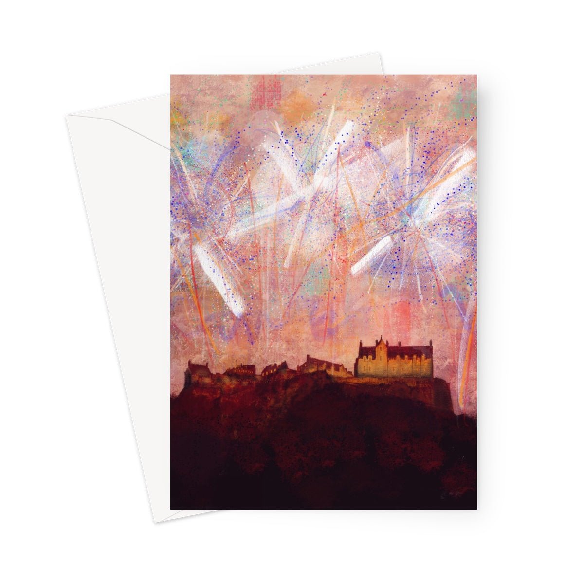Edinburgh Castle Fireworks Art Gifts Greeting Card-Greetings Cards-Edinburgh & Glasgow Art Gallery-5"x7"-1 Card-Paintings, Prints, Homeware, Art Gifts From Scotland By Scottish Artist Kevin Hunter