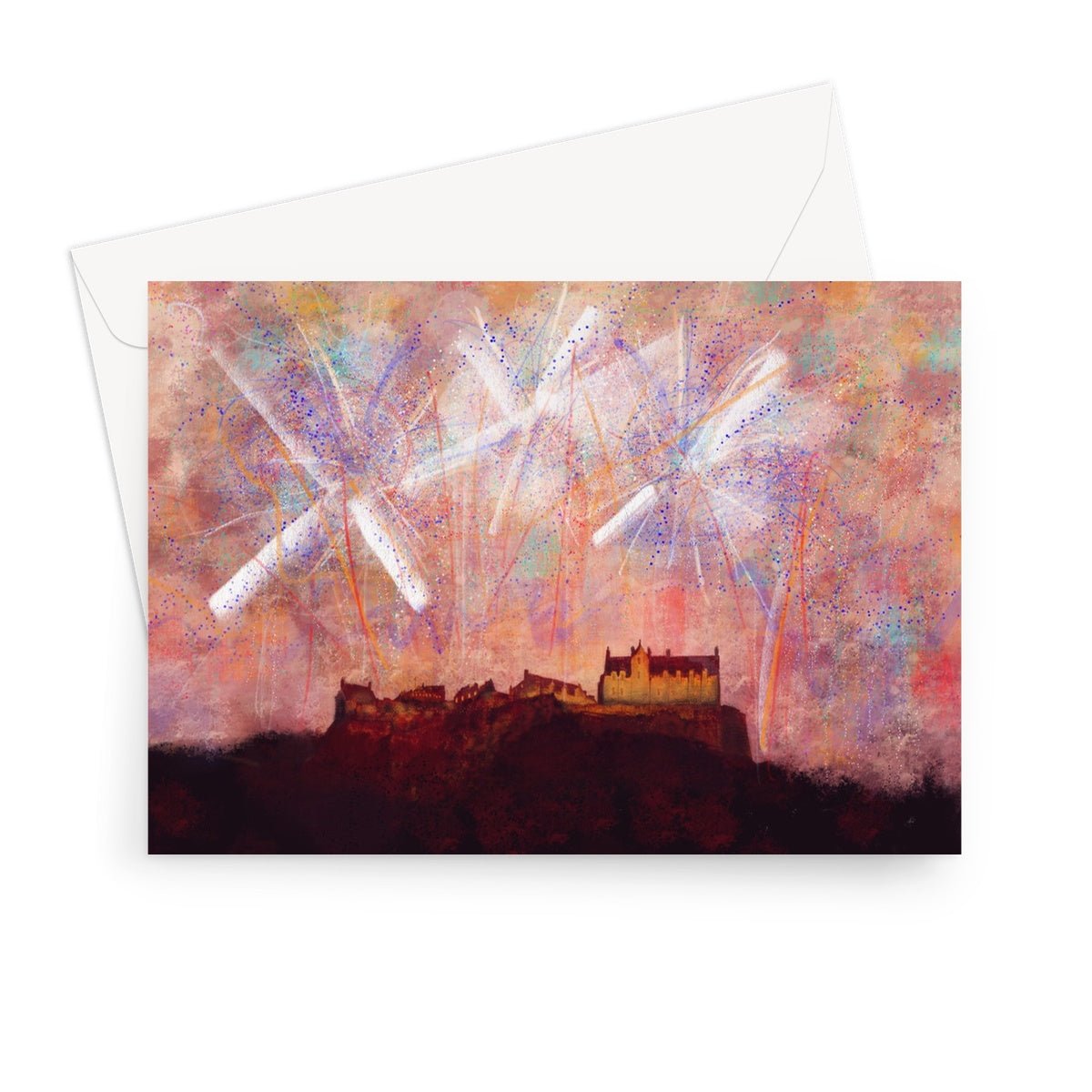 Edinburgh Castle Fireworks Art Gifts Greeting Card-Greetings Cards-Edinburgh & Glasgow Art Gallery-7"x5"-10 Cards-Paintings, Prints, Homeware, Art Gifts From Scotland By Scottish Artist Kevin Hunter