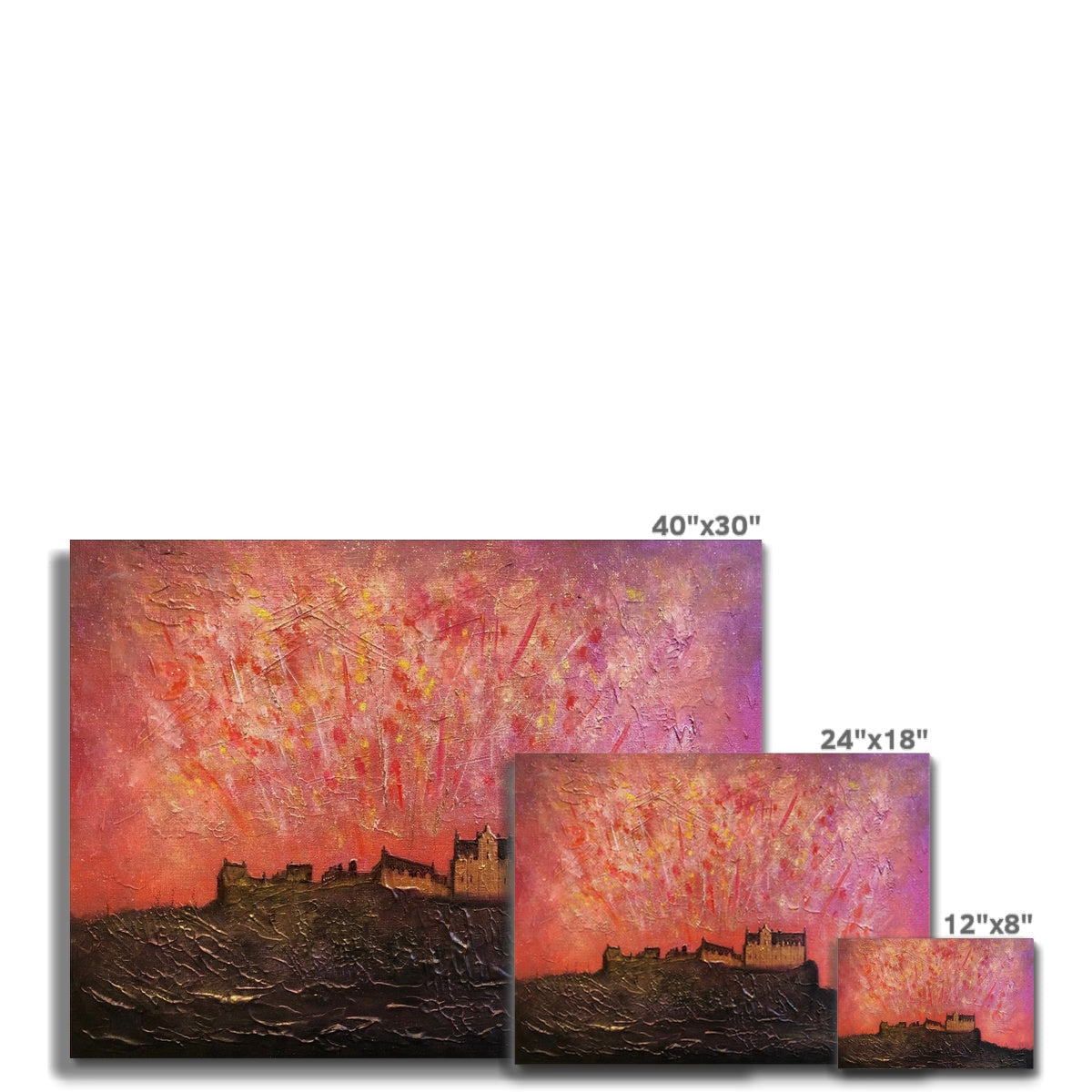 Vibrant pink orange sunset abstract painting, 40x30 inch textured canvas print of Edinburgh Castle fireworks