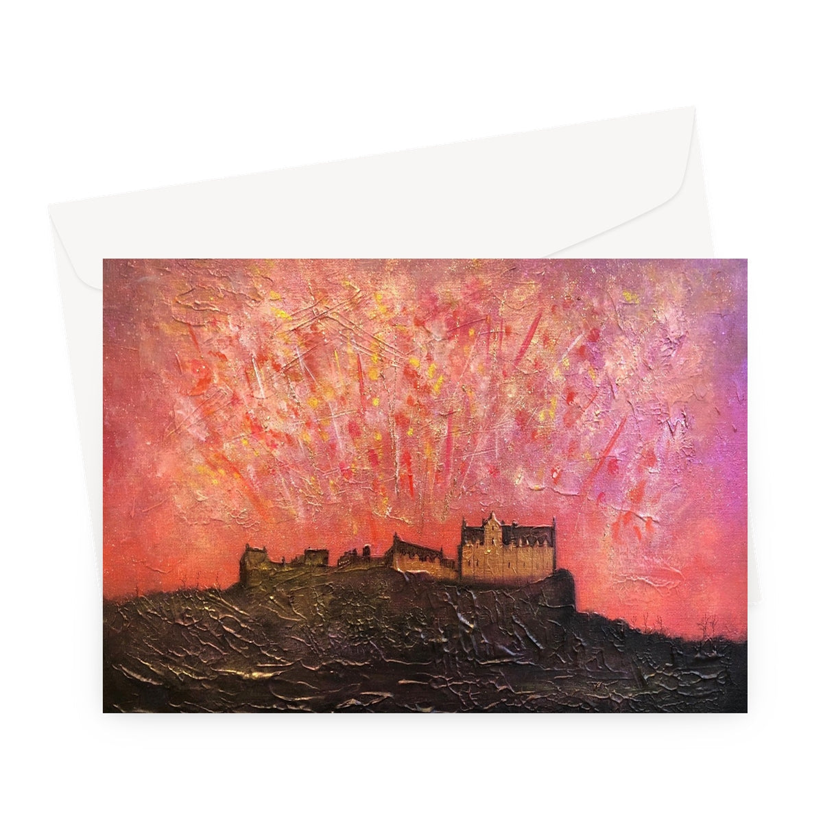 Impressionistic painting of Edinburgh Castle on a hill with fiery sky, on greeting card with envelope