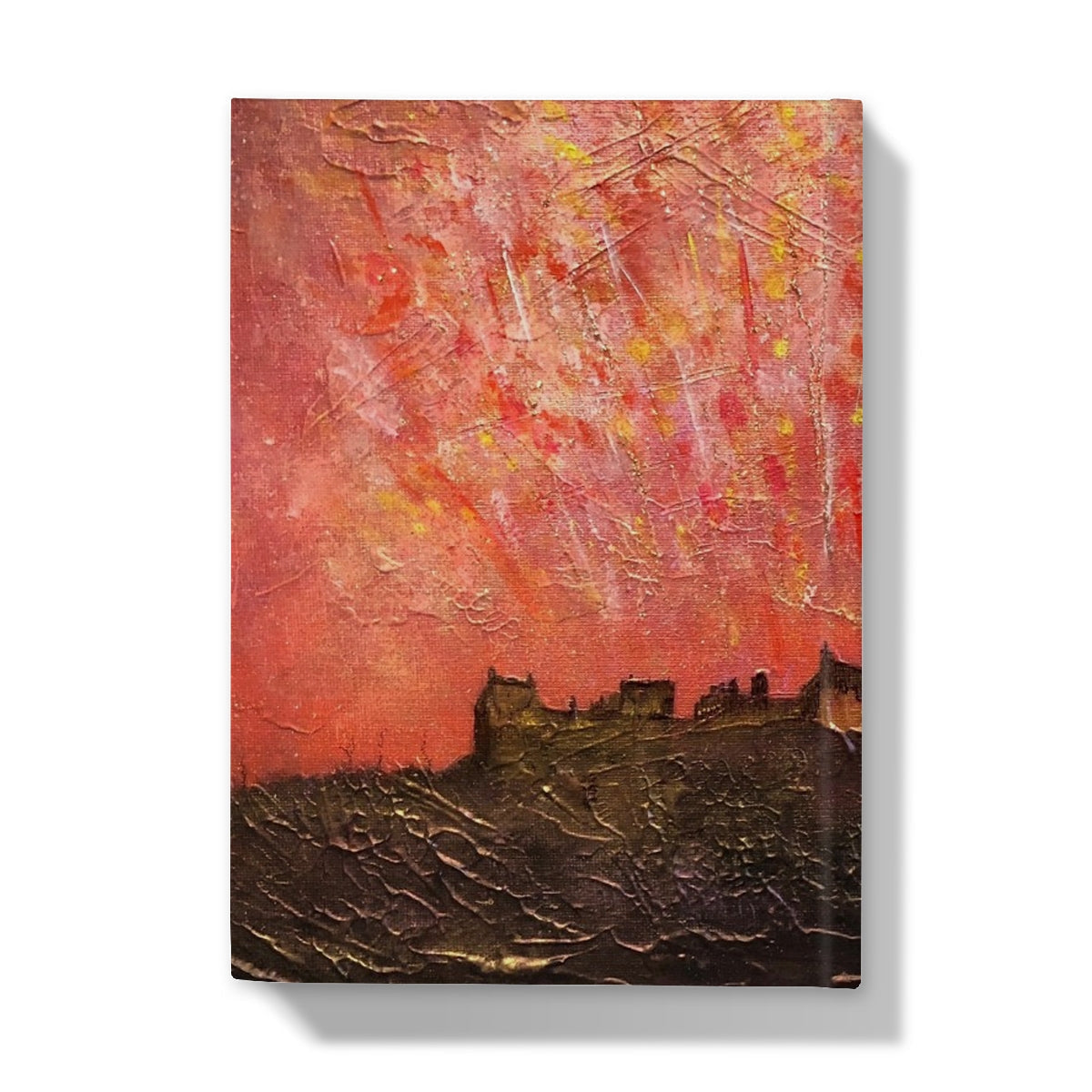 Textured abstract painting of Edinburgh Castle on a hill under a fiery sky for the journal cover