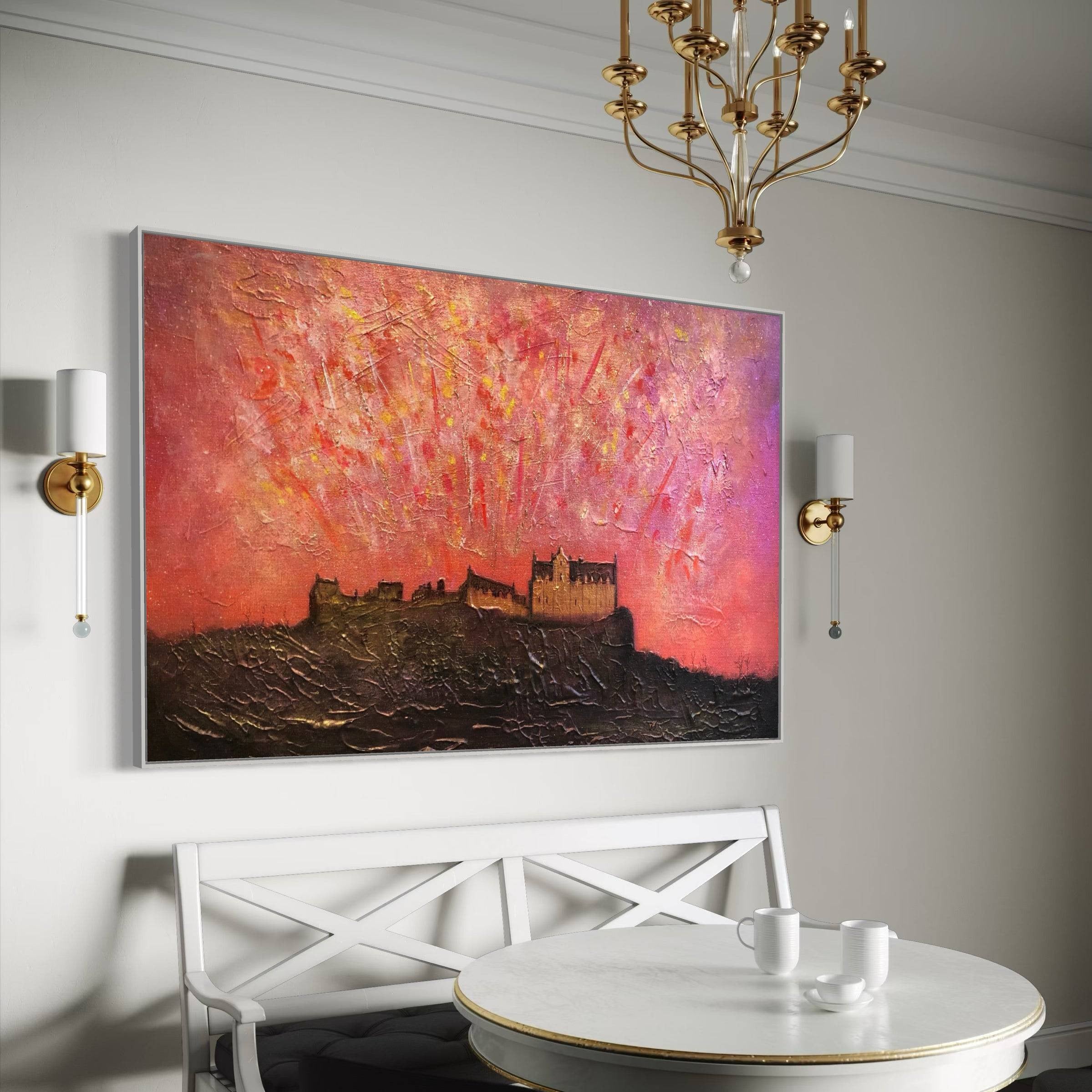 Textured painting of Edinburgh Castle silhouette against vibrant red and orange sky for Scotland wall art