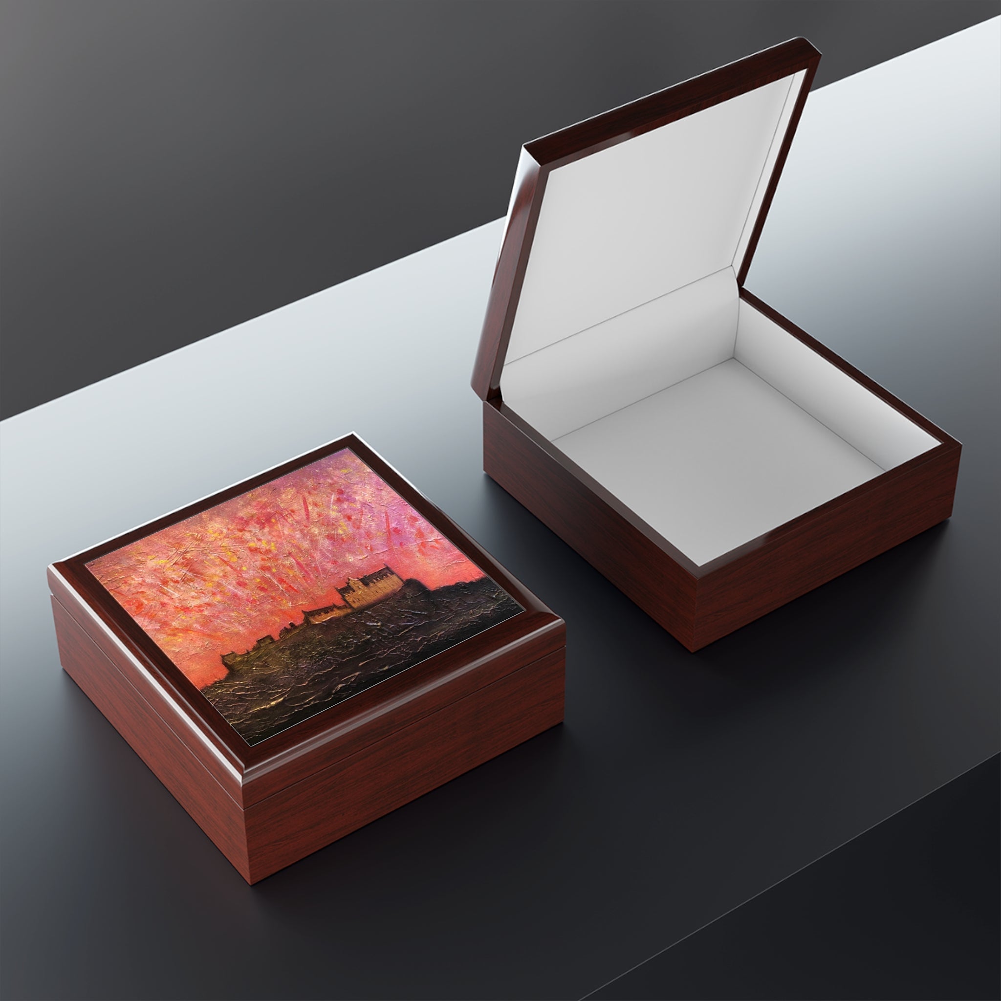 Edinburgh Castle Fireworks Jewellery Box with vibrant fiery sky lid painting