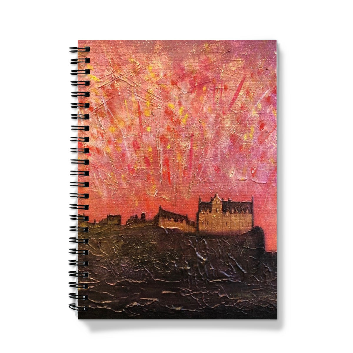 2019 spiral-bound Edinburgh Castle Fireworks notebook with pink orange abstract landscape