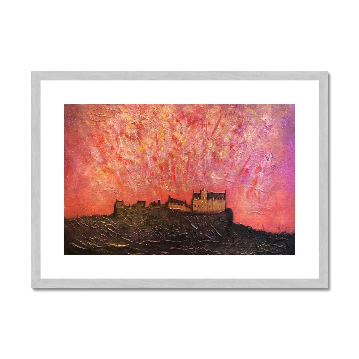 Edinburgh Castle Fireworks Painting | Antique Framed & Mounted Prints From Scotland-Antique Framed & Mounted Prints-Edinburgh & Glasgow Art Gallery-A2 Landscape-Silver Frame-Paintings, Prints, Homeware, Art Gifts From Scotland By Scottish Artist Kevin Hunter
