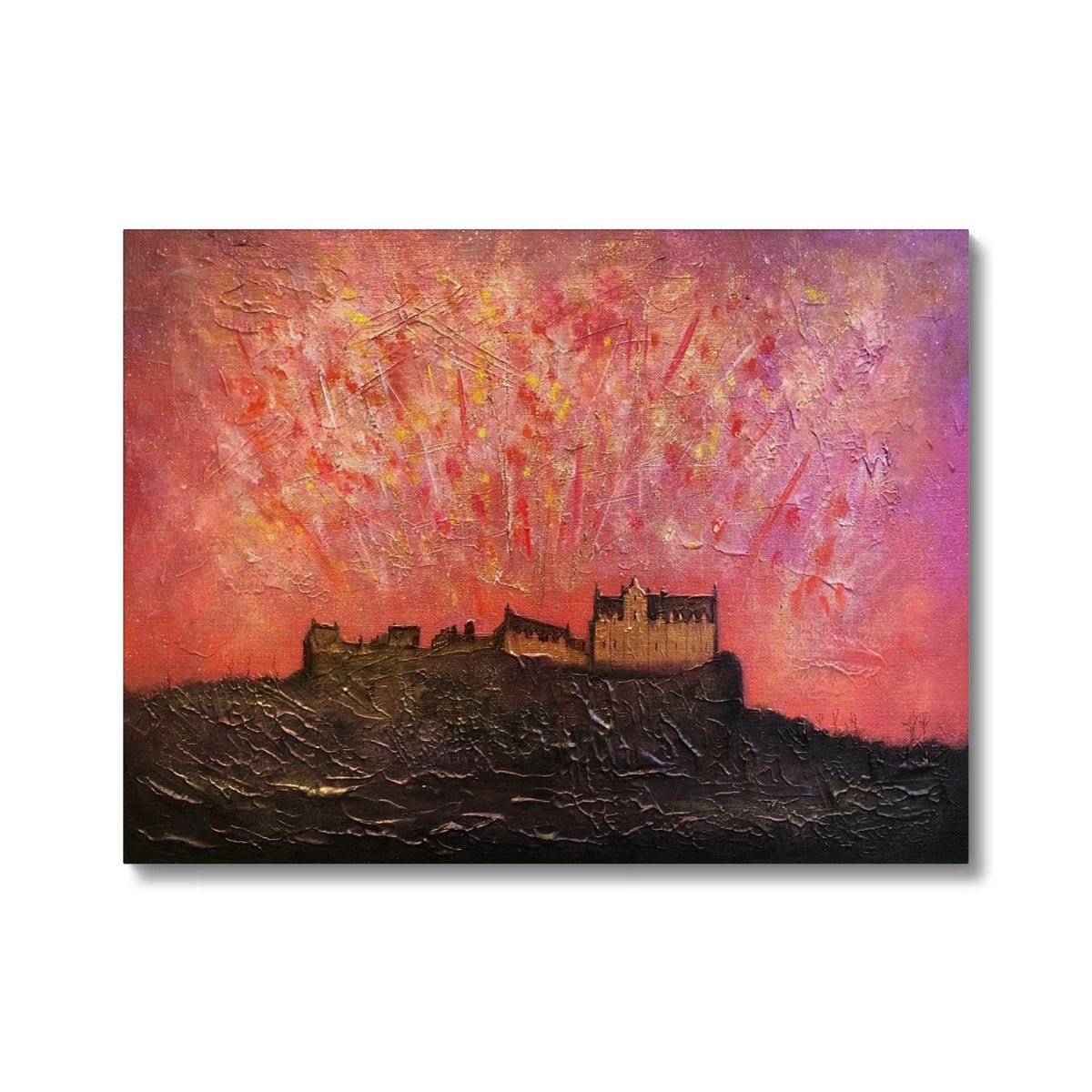 Edinburgh Castle Fireworks Painting | Canvas From Scotland-Contemporary Stretched Canvas Prints-Edinburgh & Glasgow Art Gallery-24"x18"-Paintings, Prints, Homeware, Art Gifts From Scotland By Scottish Artist Kevin Hunter