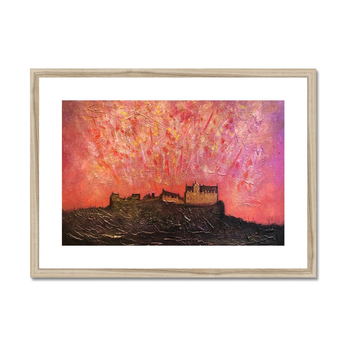 Edinburgh Castle Fireworks Painting | Framed & Mounted Prints From Scotland-Framed & Mounted Prints-Historic & Iconic Scotland Art Gallery-A2 Landscape-Natural Frame-Paintings, Prints, Homeware, Art Gifts From Scotland By Scottish Artist Kevin Hunter