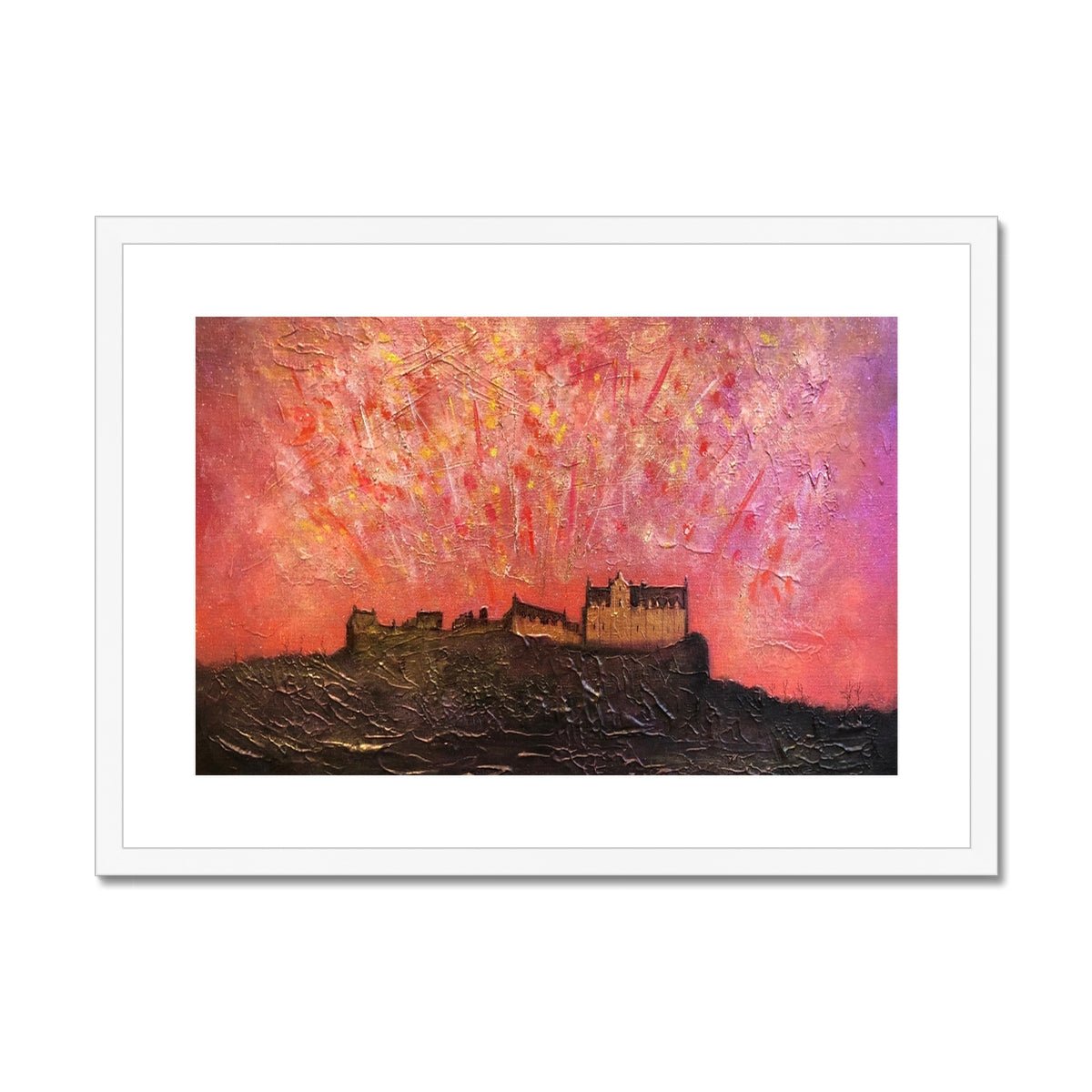 Edinburgh Castle Fireworks Painting | Framed & Mounted Prints From Scotland-Framed & Mounted Prints-Historic & Iconic Scotland Art Gallery-A2 Landscape-White Frame-Paintings, Prints, Homeware, Art Gifts From Scotland By Scottish Artist Kevin Hunter