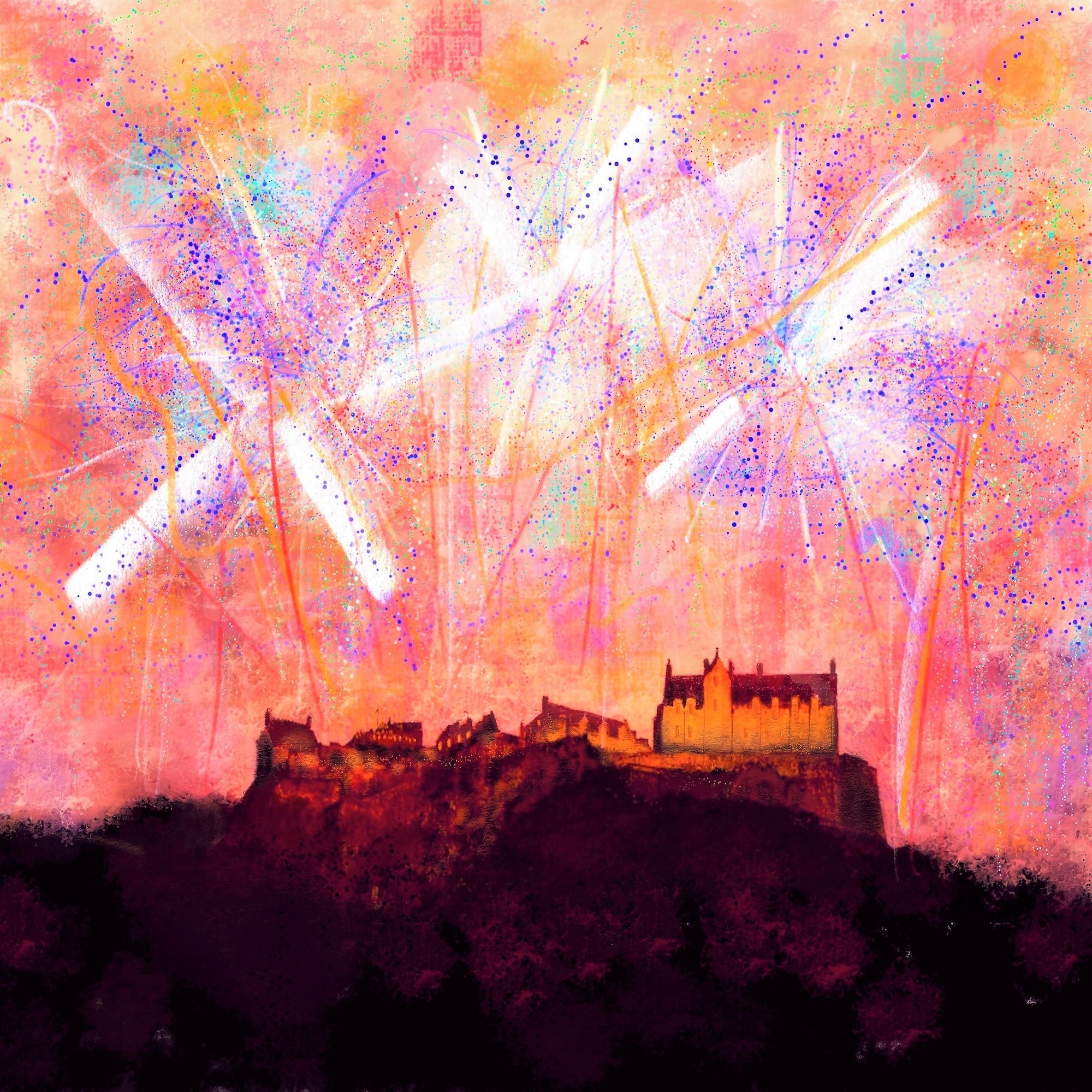 Vibrant painting of Edinburgh Castle illuminated by fireworks for Scotland In Your Pocket