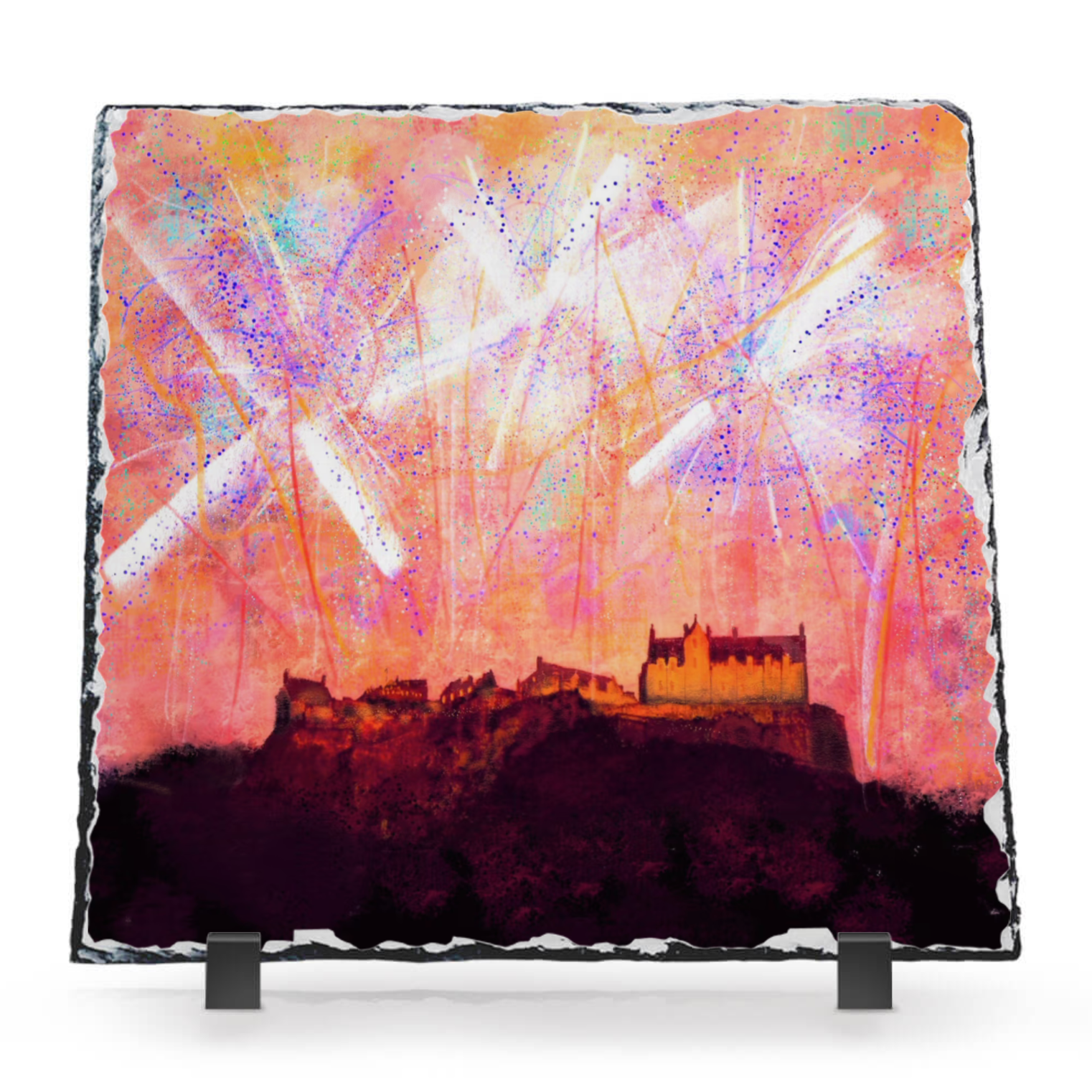 Edinburgh Castle Fireworks Scottish Slate Art-Slate Art-Edinburgh & Glasgow Art Gallery-Paintings, Prints, Homeware, Art Gifts From Scotland By Scottish Artist Kevin Hunter