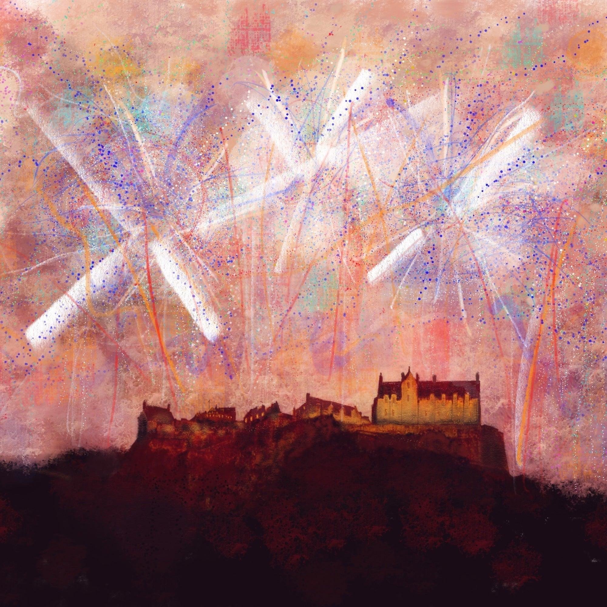 Edinburgh Castle Fireworks Wooden Art Block | Gifts Made In Scotland