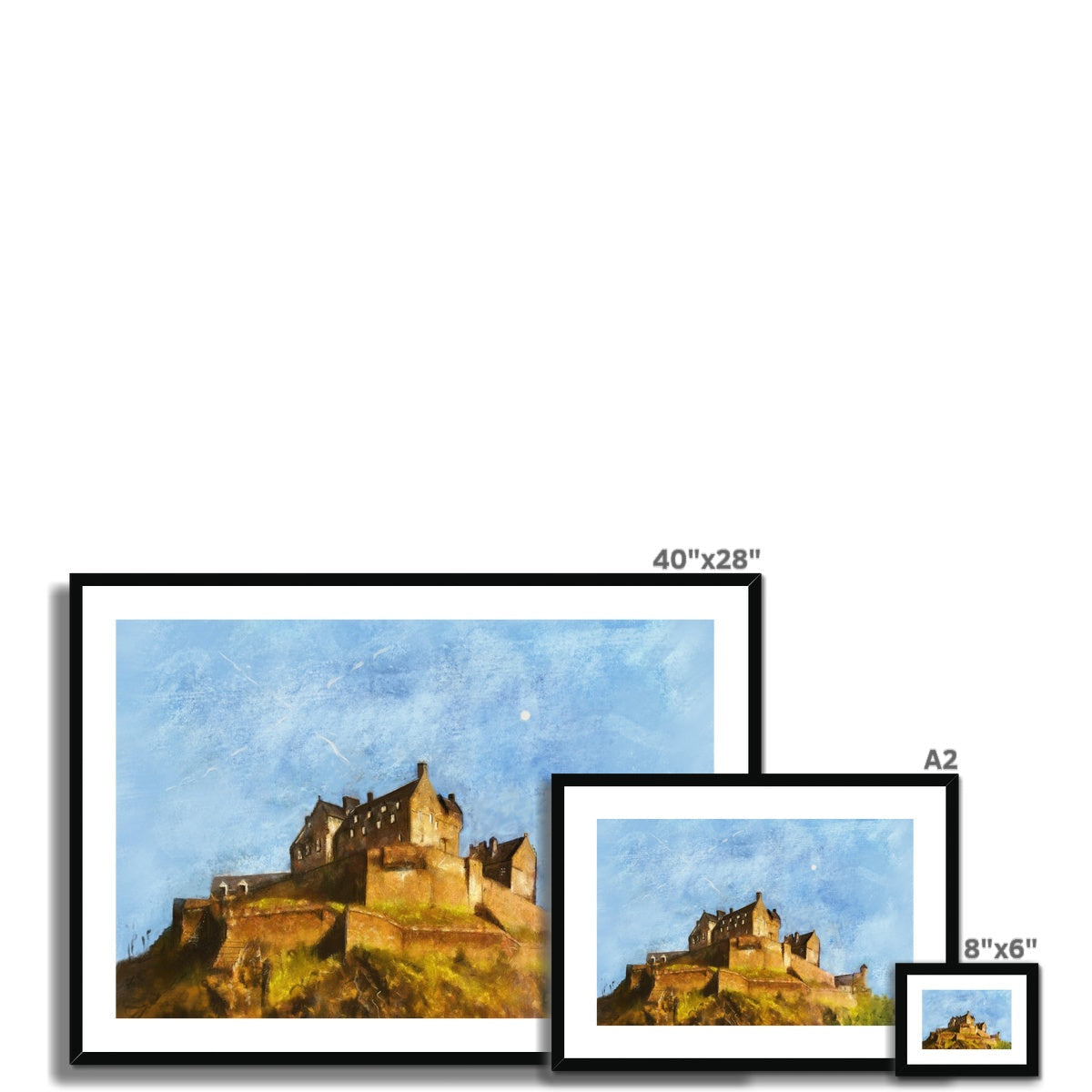 Edinburgh Castle watercolor print in 40x28 inch black frame