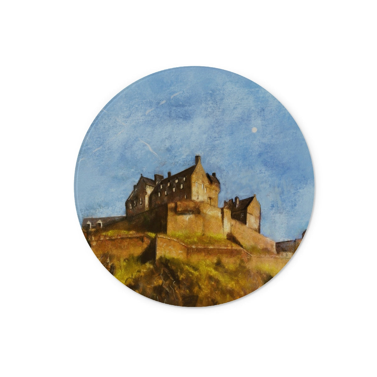 Edinburgh Castle glass chopping board with royal blue coaster, textured surface, gold accents
