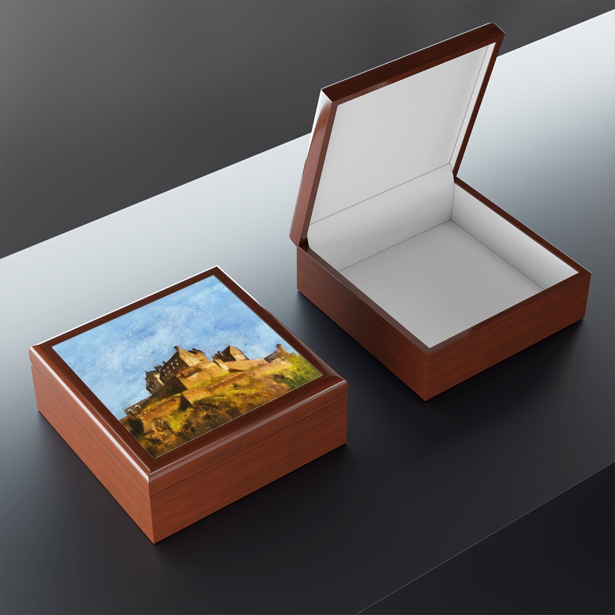 Brown wooden Edinburgh Castle jewellery box from Scotland