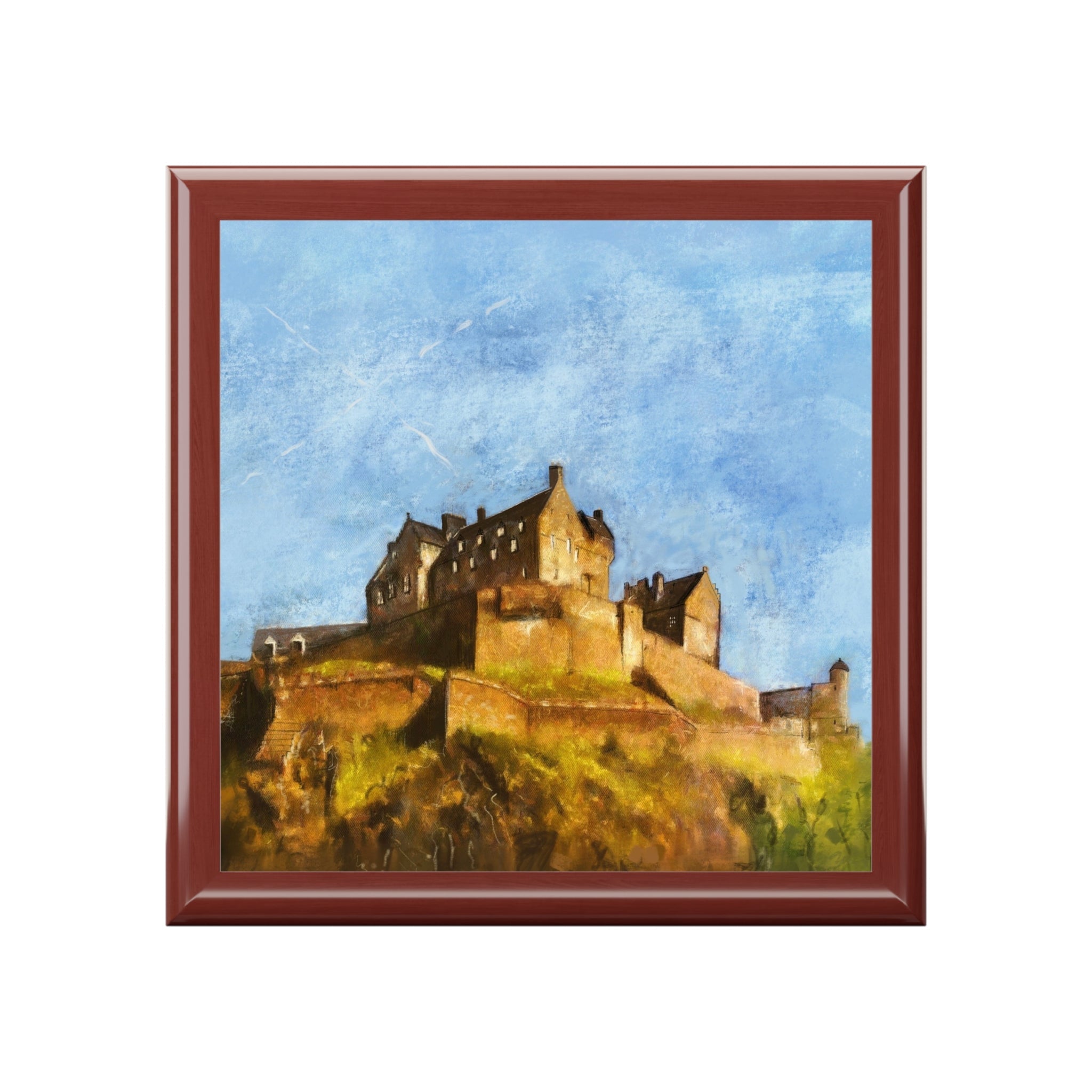 Red-framed square jewelry box with Edinburgh Castle painting on blue sky