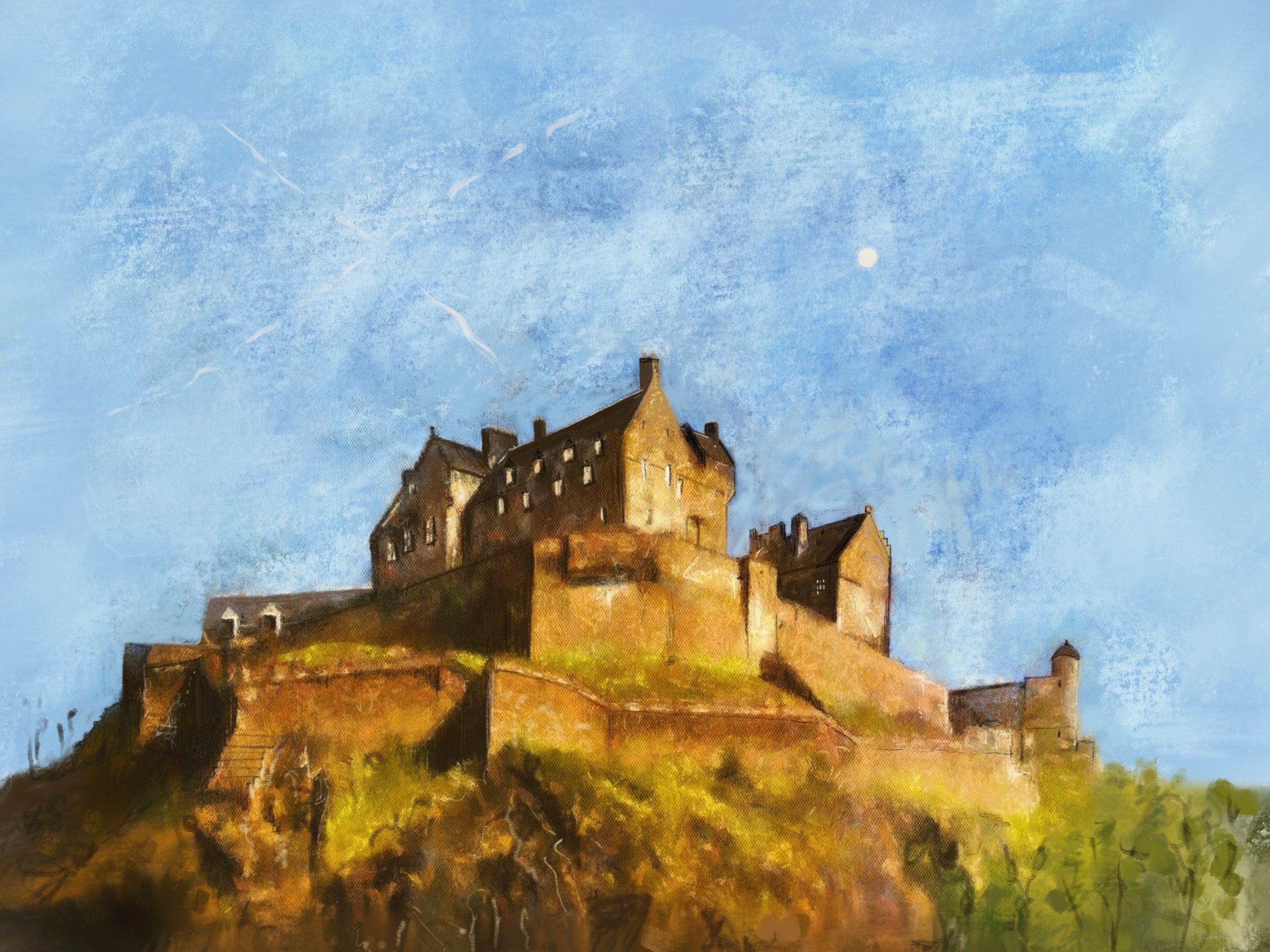 Edinburgh Castle Original Painting depicting a hilltop castle under a clear blue sky