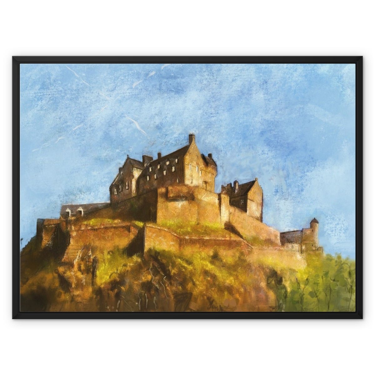 Edinburgh Castle Painting | Framed Canvas From Scotland-Floating Framed Canvas Prints-Edinburgh & Glasgow Art Gallery-32"x24"-Black Frame-Paintings, Prints, Homeware, Art Gifts From Scotland By Scottish Artist Kevin Hunter