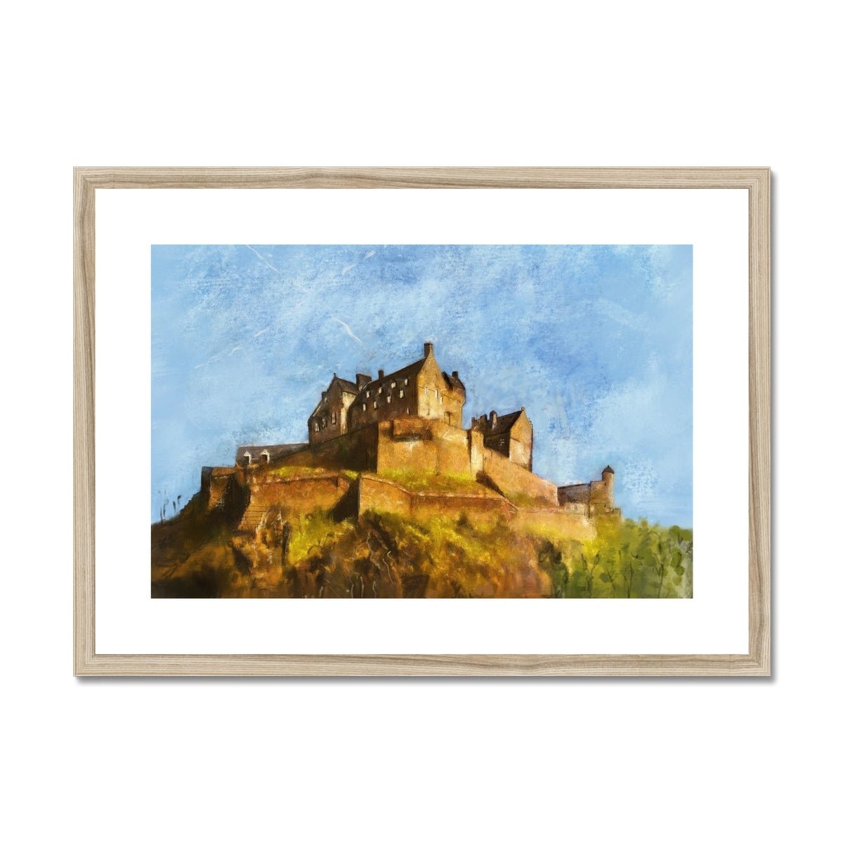 Edinburgh Castle Painting | Framed & Mounted Prints From Scotland-Framed & Mounted Prints-Historic & Iconic Scotland Art Gallery-A2 Landscape-Natural Frame-Paintings, Prints, Homeware, Art Gifts From Scotland By Scottish Artist Kevin Hunter