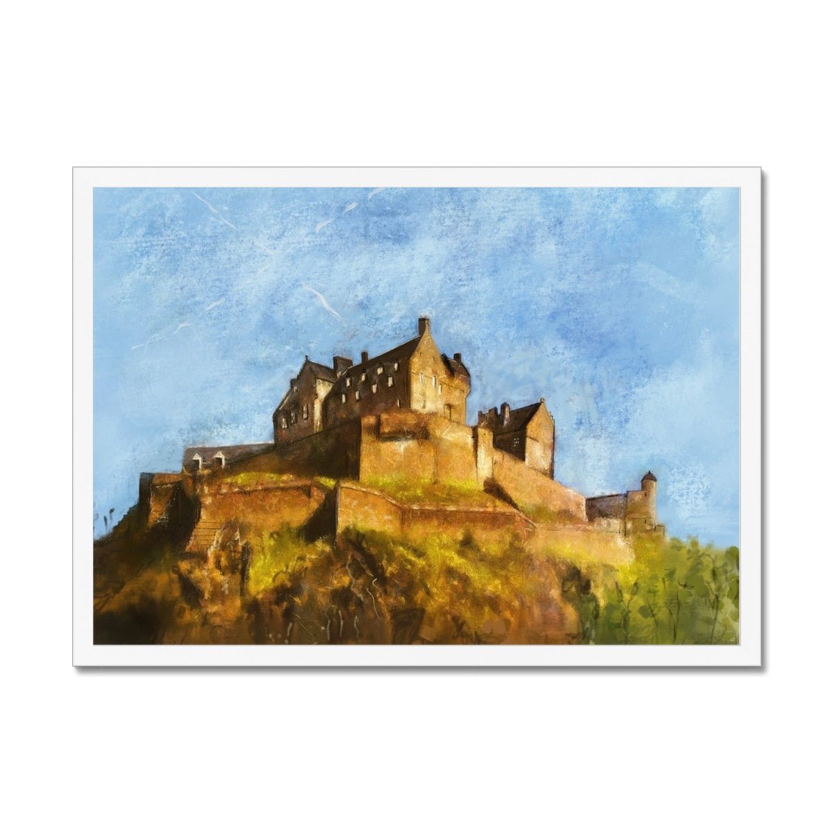 Edinburgh Castle Painting | Framed Prints From Scotland-Framed Prints-Historic & Iconic Scotland Art Gallery-A2 Landscape-White Frame-Paintings, Prints, Homeware, Art Gifts From Scotland By Scottish Artist Kevin Hunter