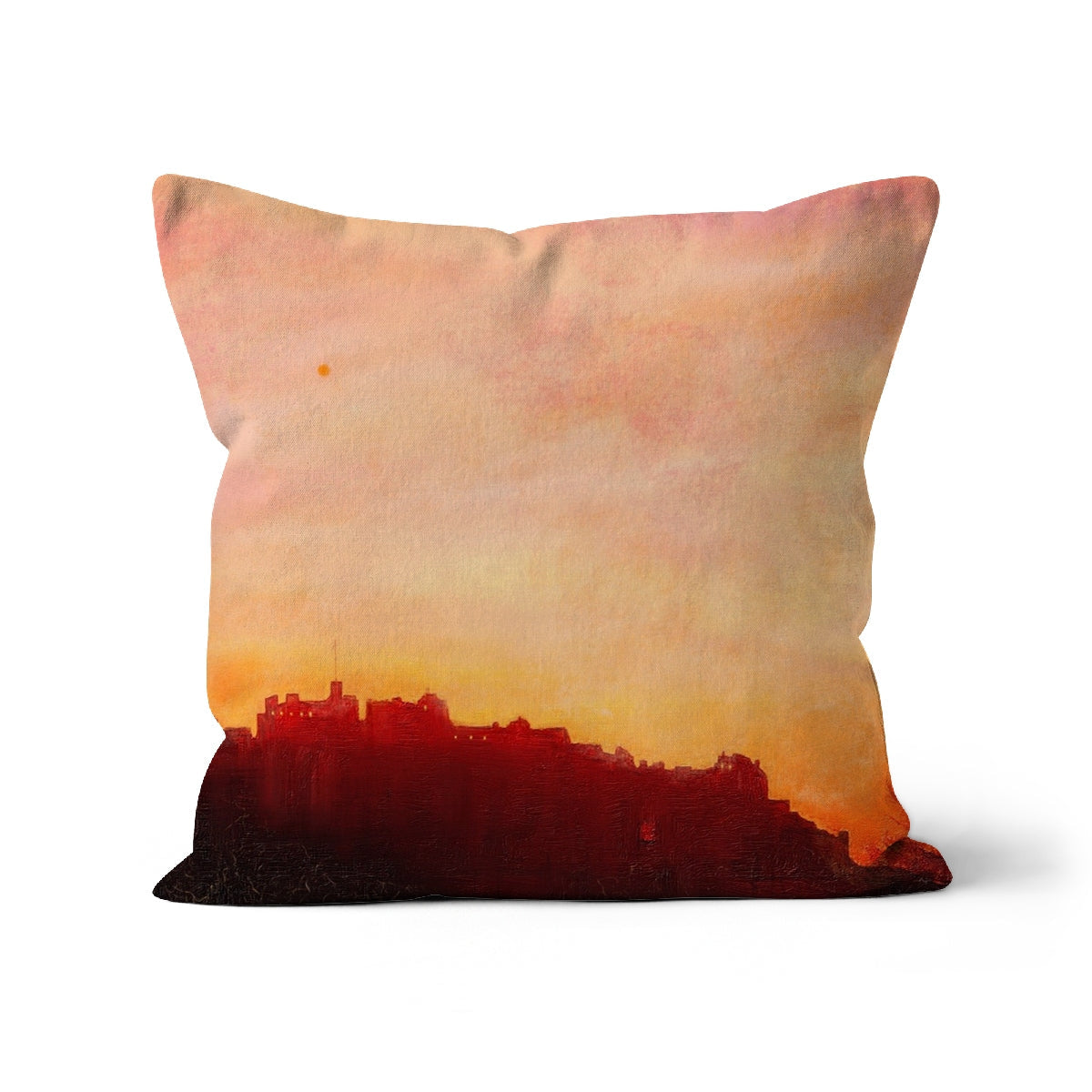 Edinburgh Castle Sunset Cushion: peach cotton pillow with watercolor sunset over buildings