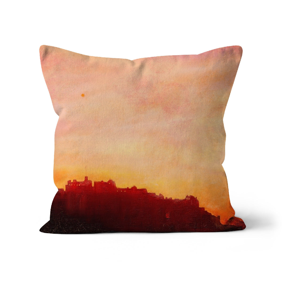 Cream Edinburgh Castle Sunset Cushion with orange cityscape