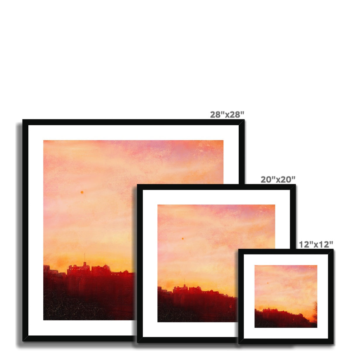 28x28 Edinburgh Castle Sunset Print in Black Frame with White Mat