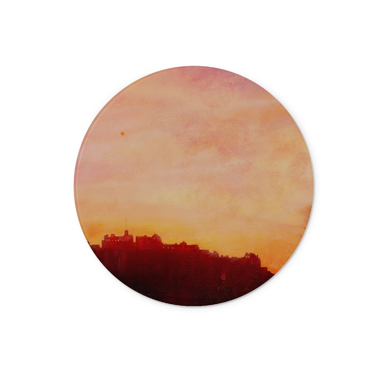 Edinburgh Castle sunset glass chopping board with orange pink coaster silhouette