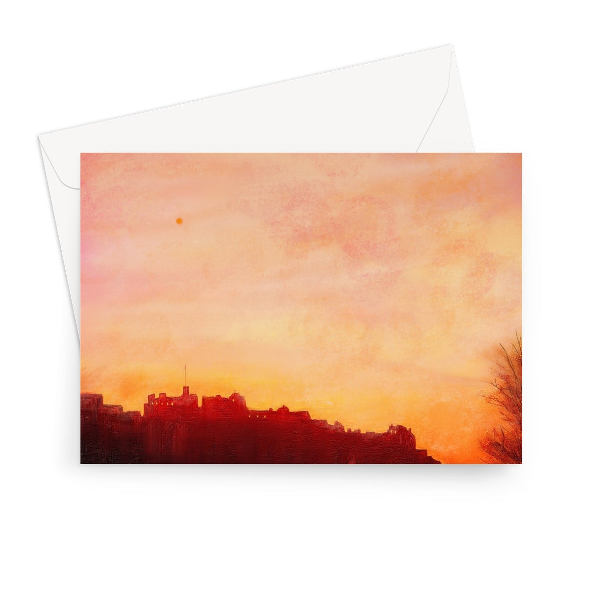 Edinburgh Castle sunset greeting card with orange cityscape and envelope