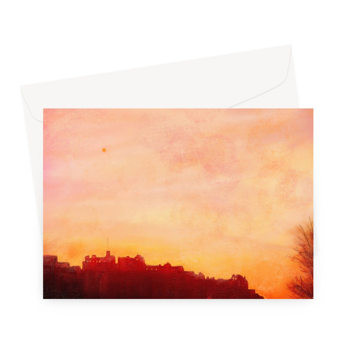 Edinburgh Castle sunset greeting card with red cityscape silhouette