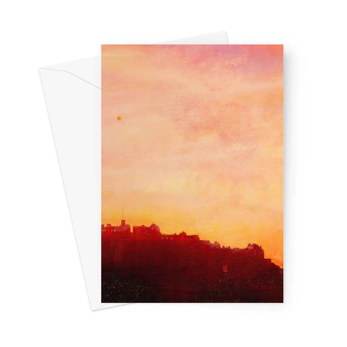 Edinburgh Castle sunset greeting card with orange cityscape silhouettes